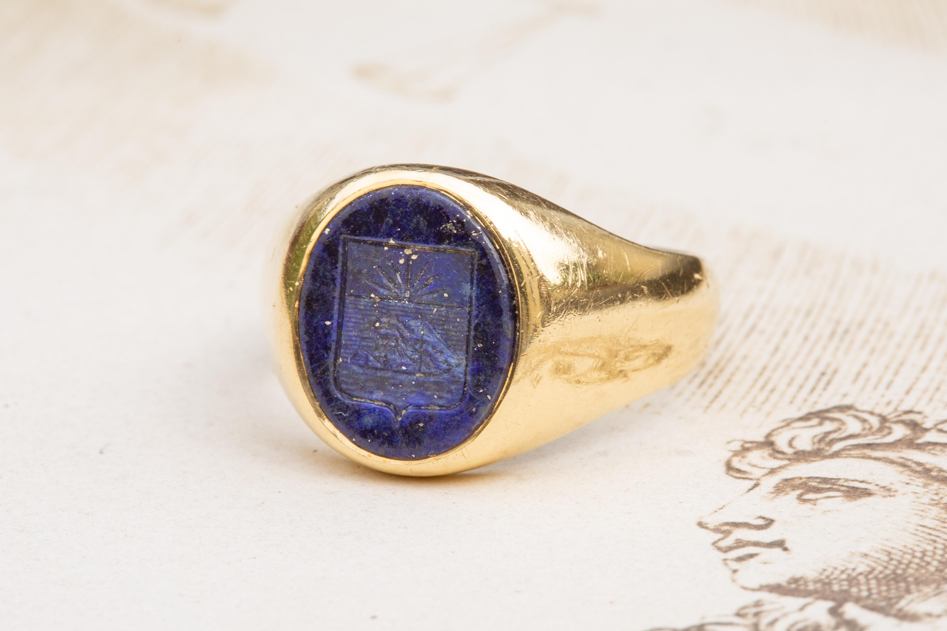 Antique French Coat of Arms Lapis Lazuli Intaglio Signet Ring Victorian 2