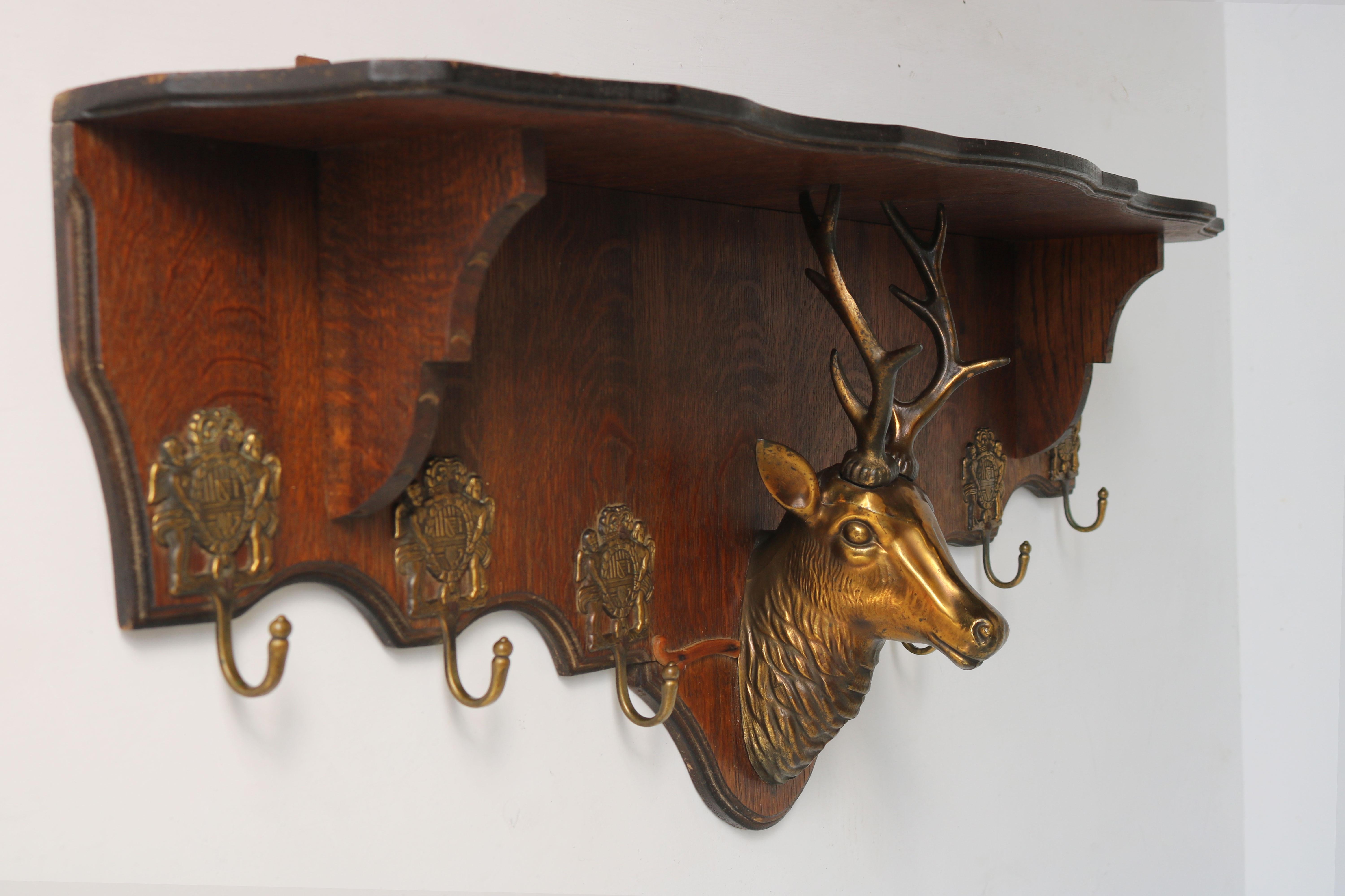 Antique French Coat Rack with Brass Deer Head 1940 Carved Oak Hat Rack Hallway 5