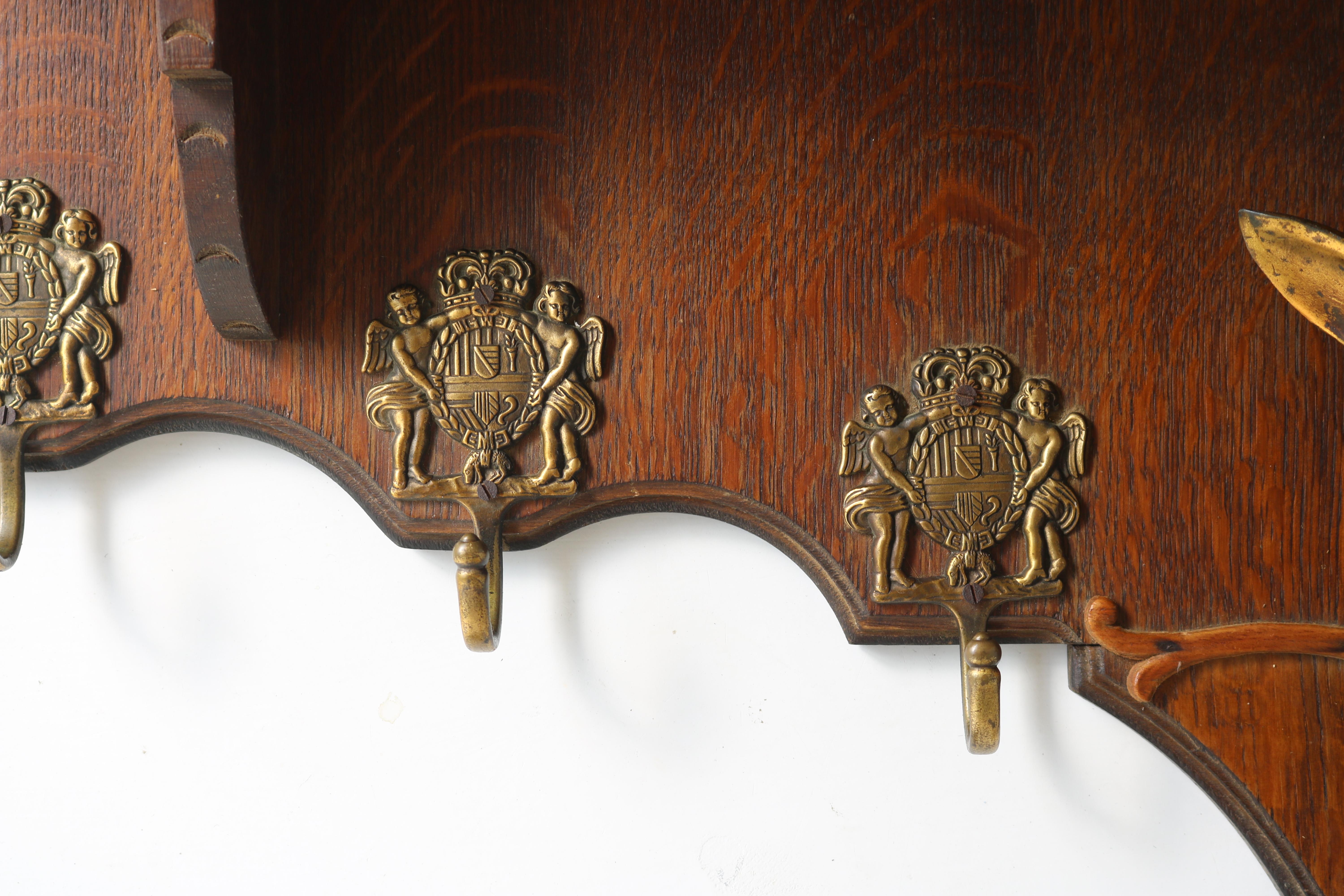 Hand-Carved Antique French Coat Rack with Brass Deer Head 1940 Carved Oak Hat Rack Hallway