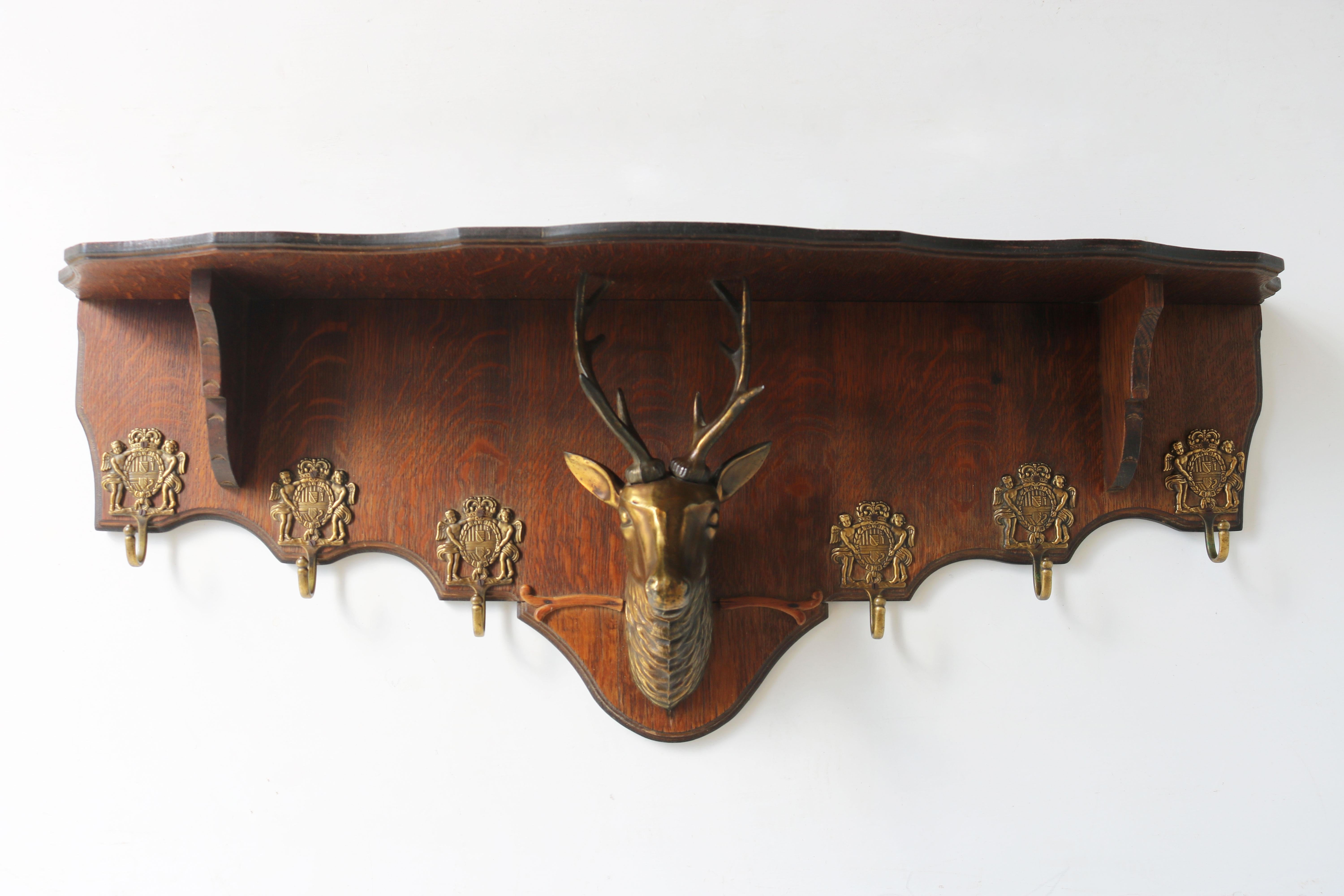 Antique French Coat Rack with Brass Deer Head 1940 Carved Oak Hat Rack Hallway In Good Condition In Ijzendijke, NL