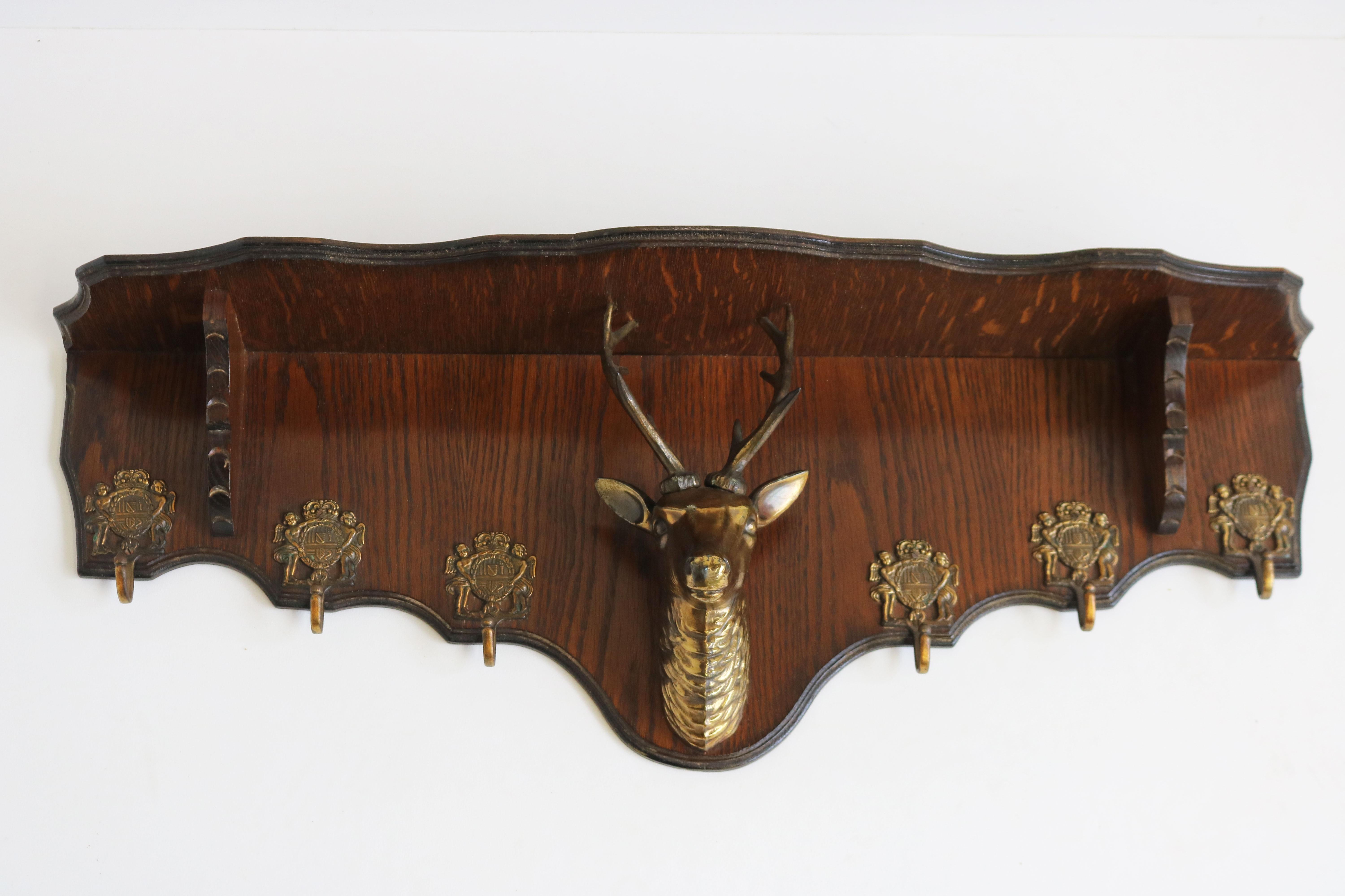 Art Deco Antique French Coat Rack with Brass Deer Head 1940 Carved Oak Hat Rack Hallway For Sale