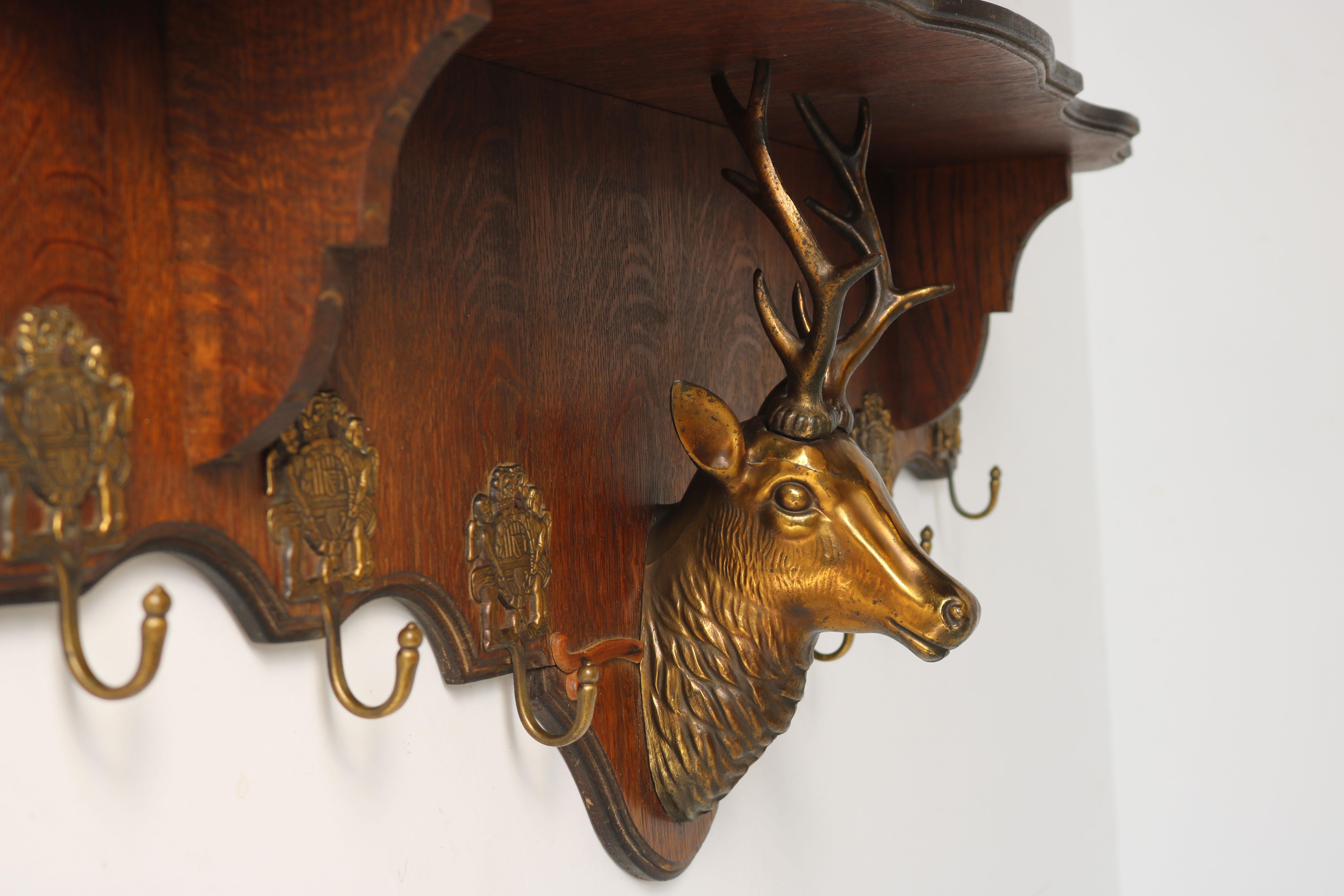 Mid-20th Century Antique French Coat Rack with Brass Deer Head 1940 Carved Oak Hat Rack Hallway