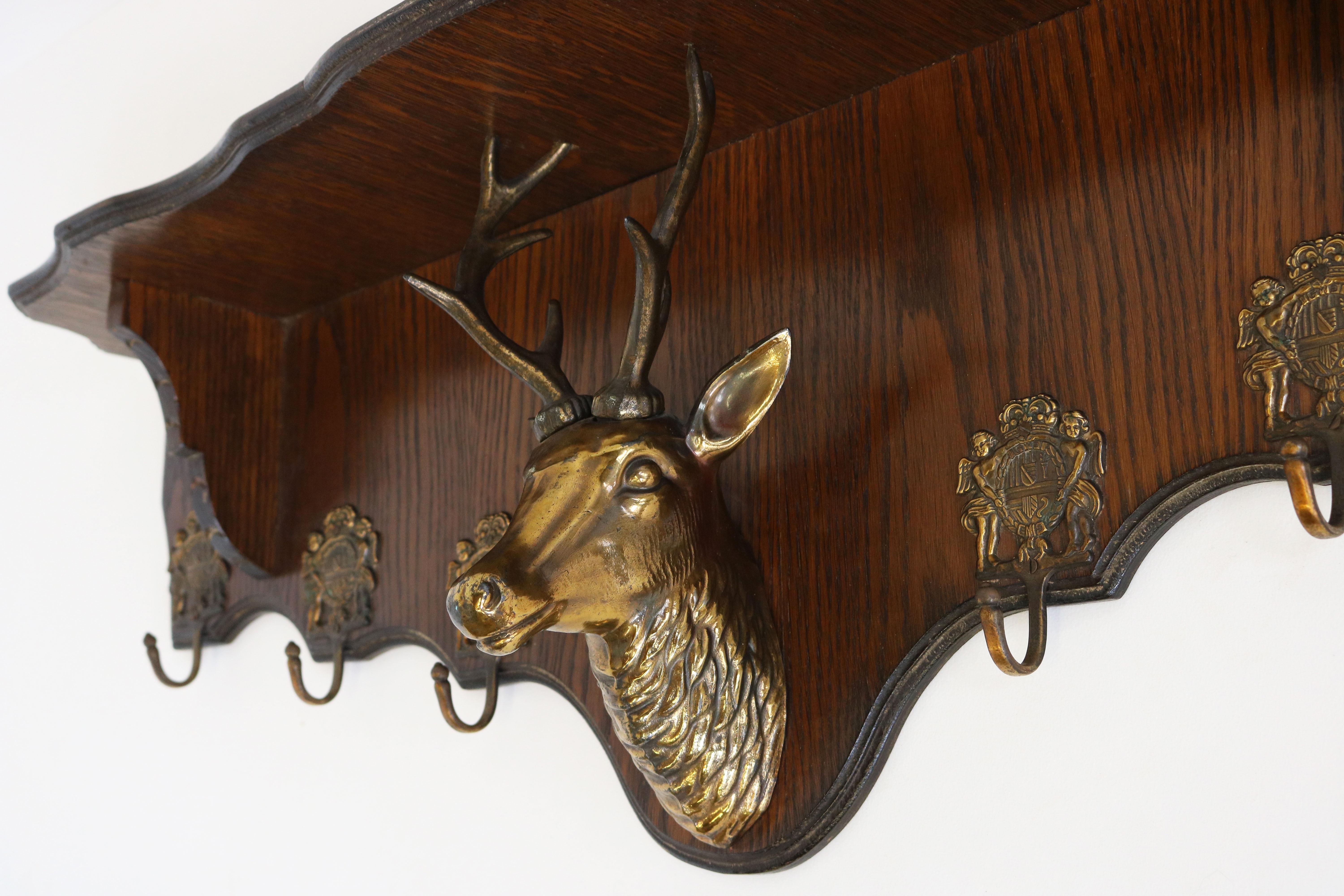 Hand-Crafted Antique French Coat Rack with Brass Deer Head 1940 Carved Oak Hat Rack Hallway For Sale