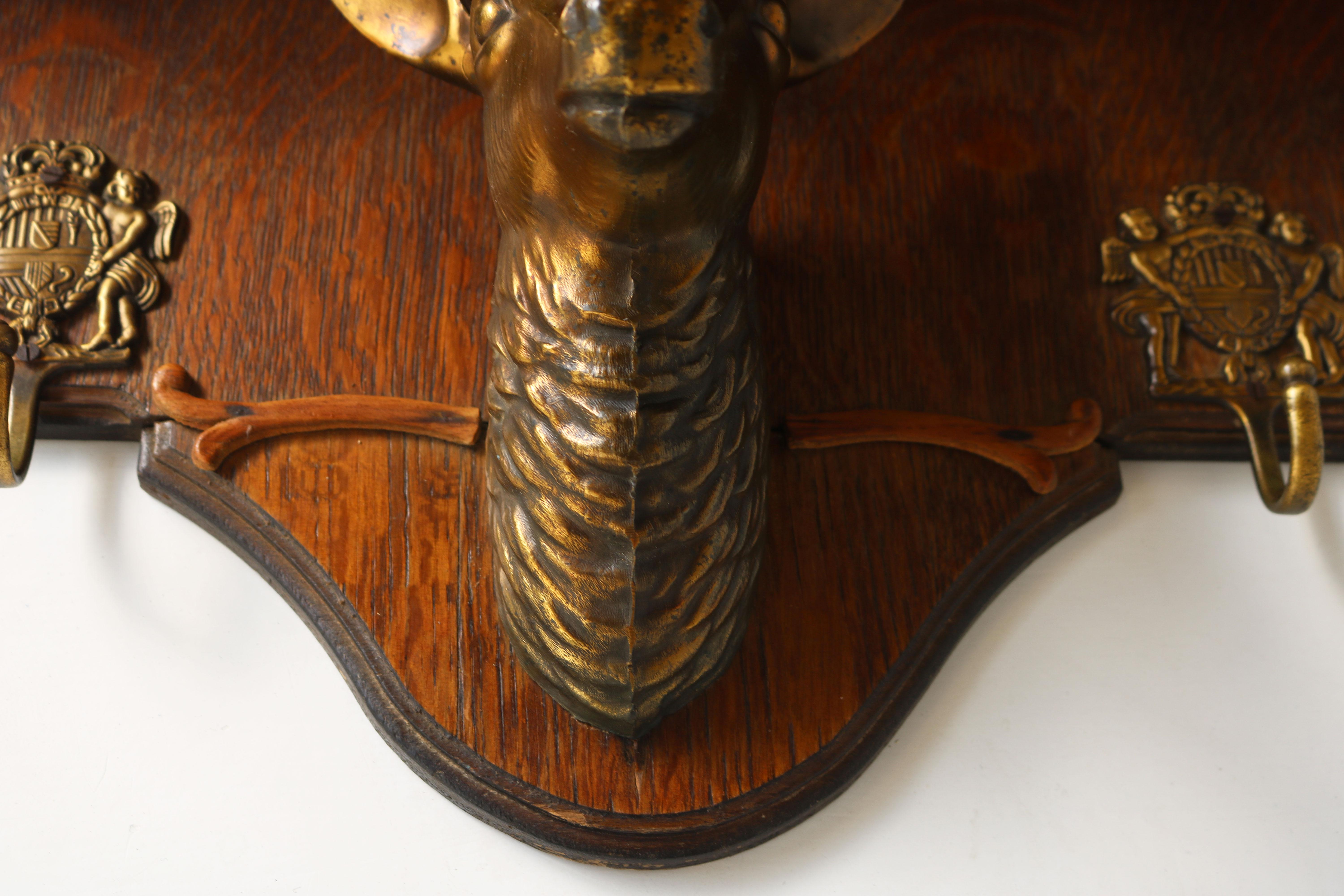 Antique French Coat Rack with Brass Deer Head 1940 Carved Oak Hat Rack Hallway 1