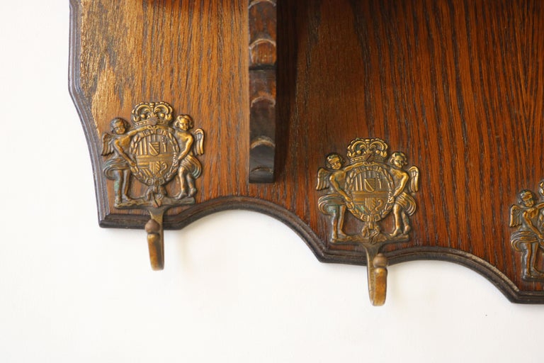 Antique French Coat Rack with Brass Deer Head 1940 Carved Oak Hat Rack ...