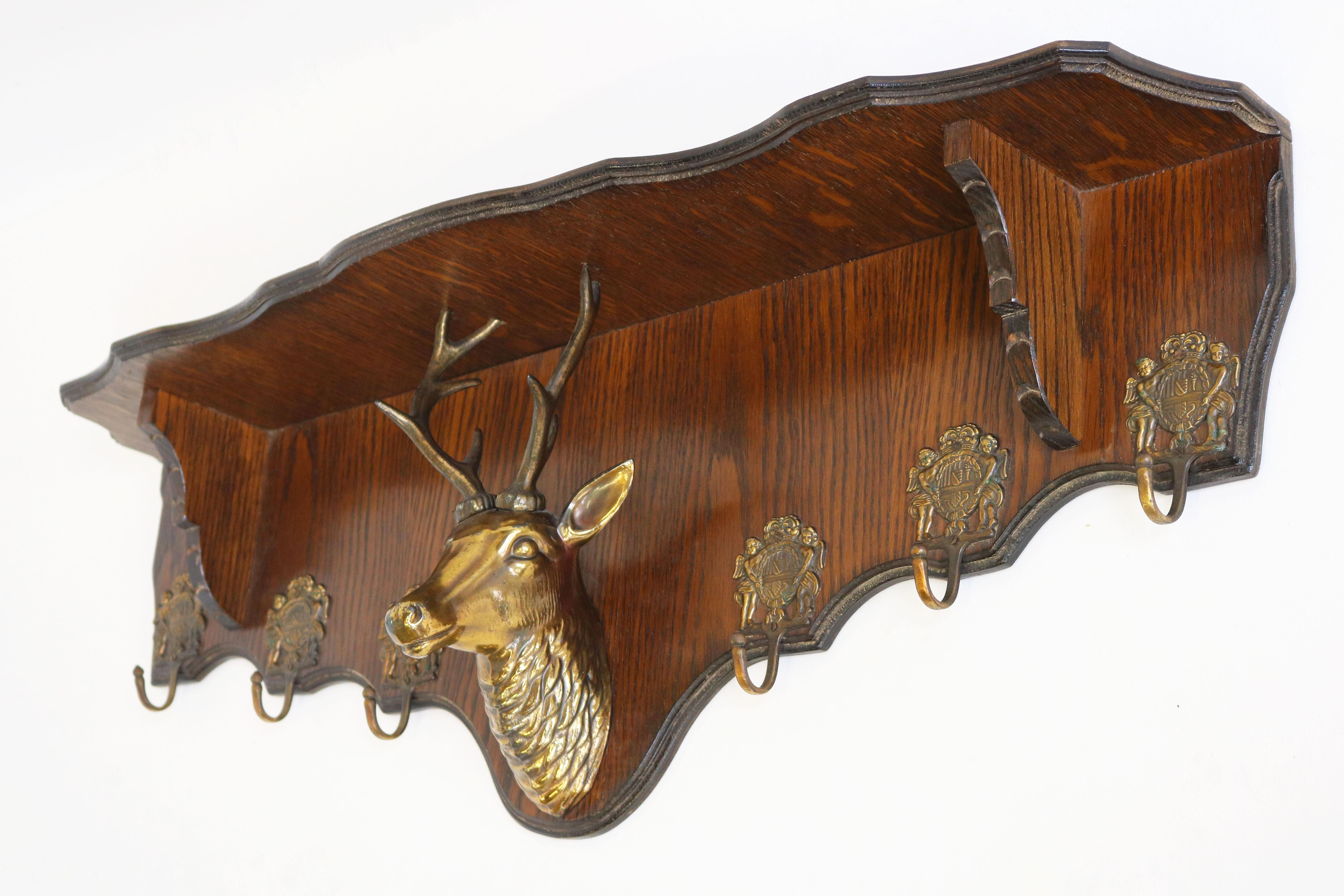 Mid-20th Century Antique French Coat Rack with Brass Deer Head 1940 Carved Oak Hat Rack Hallway For Sale