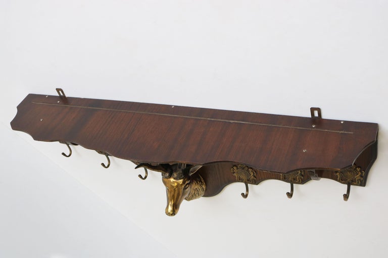 Antique French Coat Rack with Brass Deer Head 1940 Carved Oak Hat Rack