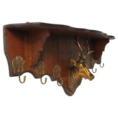 Antique French Coat Rack with Brass Deer Head 1940 Carved Oak Hat Rack Hallway