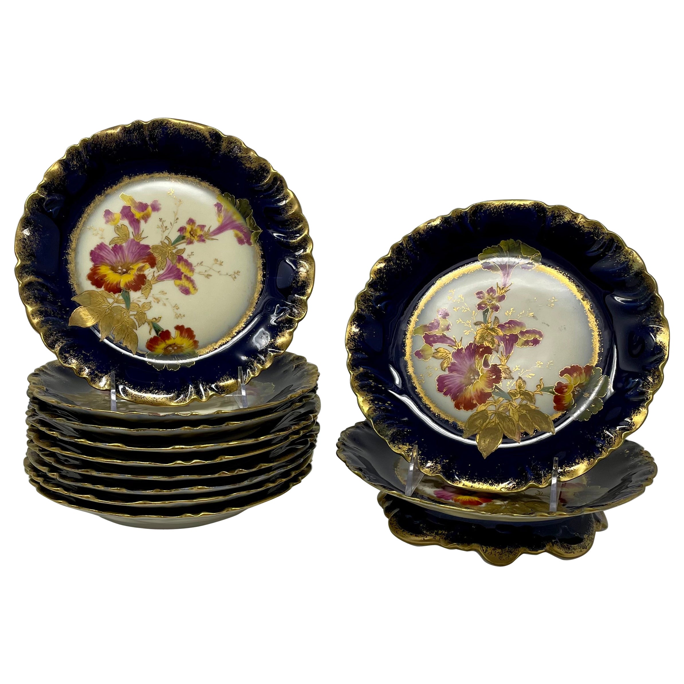 Antikes französisches Dessertbesteck aus Kobalt und Gold, um 1890
