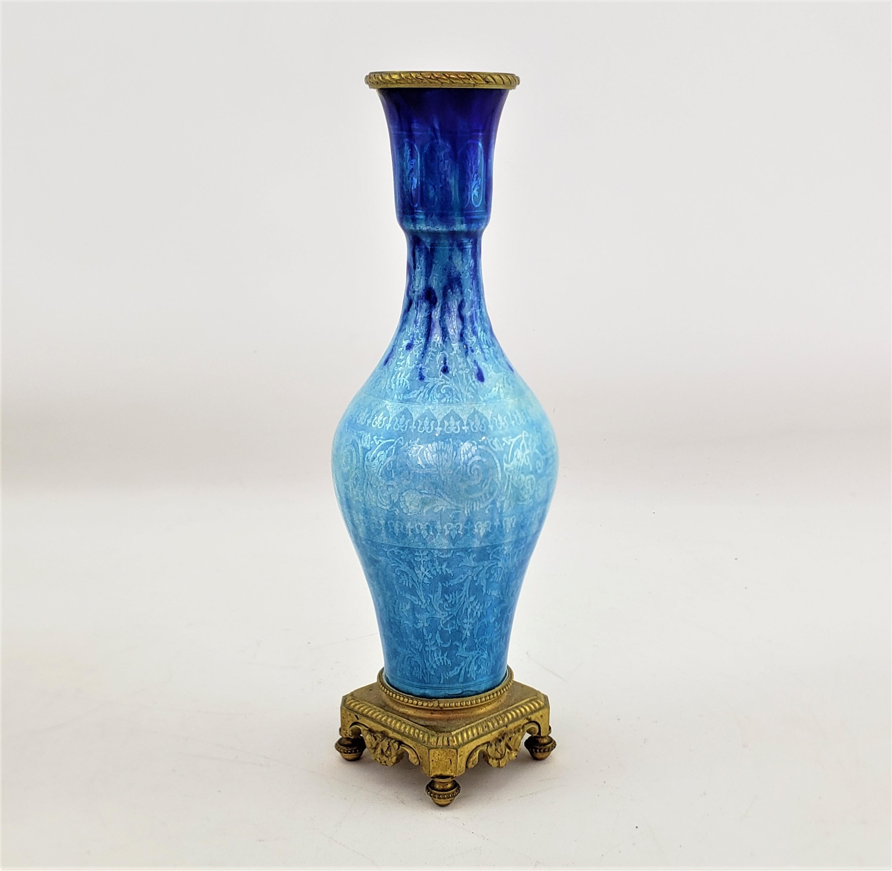 Art Deco Antique French Cobalt Blue Enamelled Vase with Gilt Bronze Pedestal Base For Sale