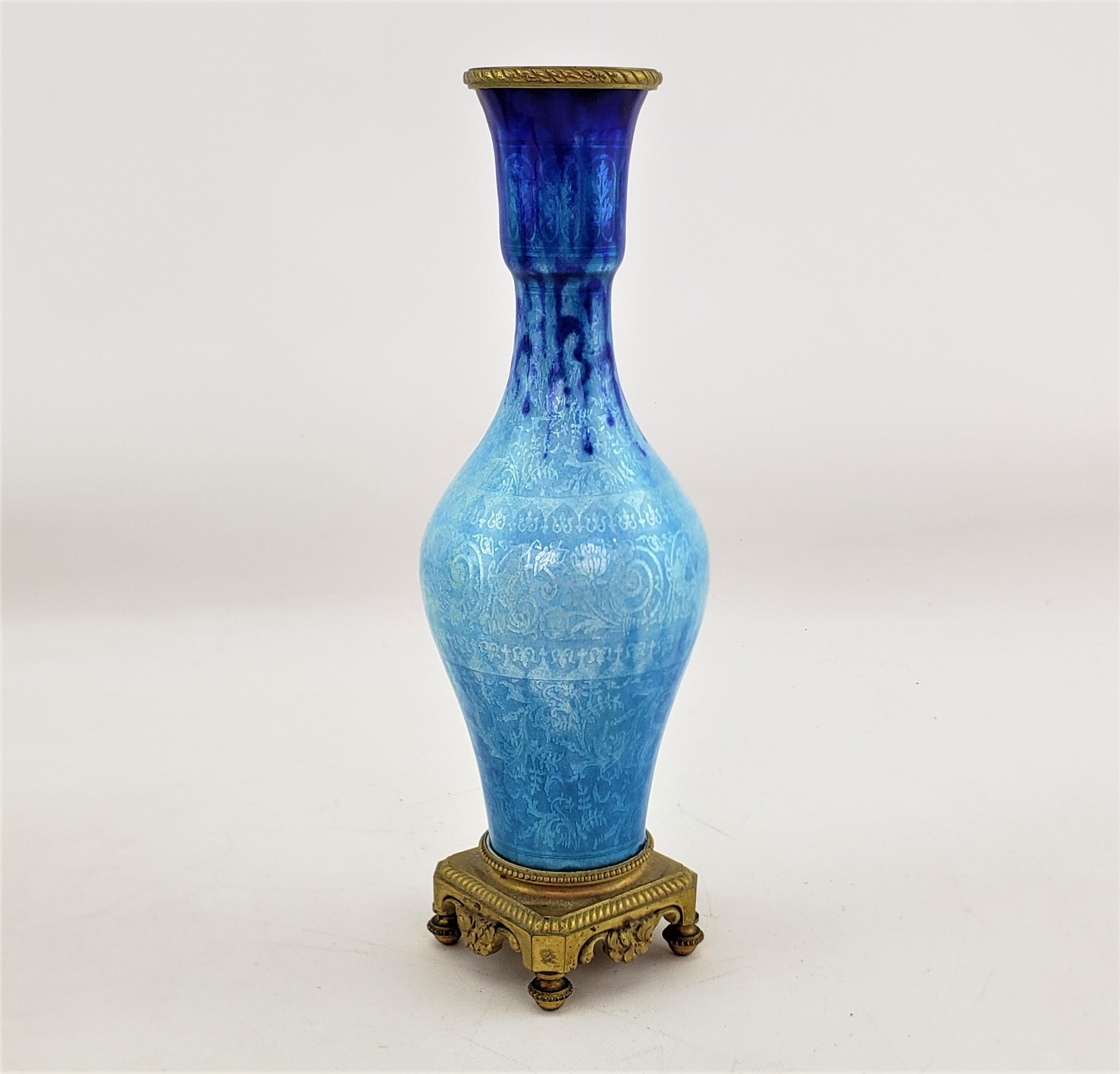 Enameled Antique French Cobalt Blue Enamelled Vase with Gilt Bronze Pedestal Base For Sale