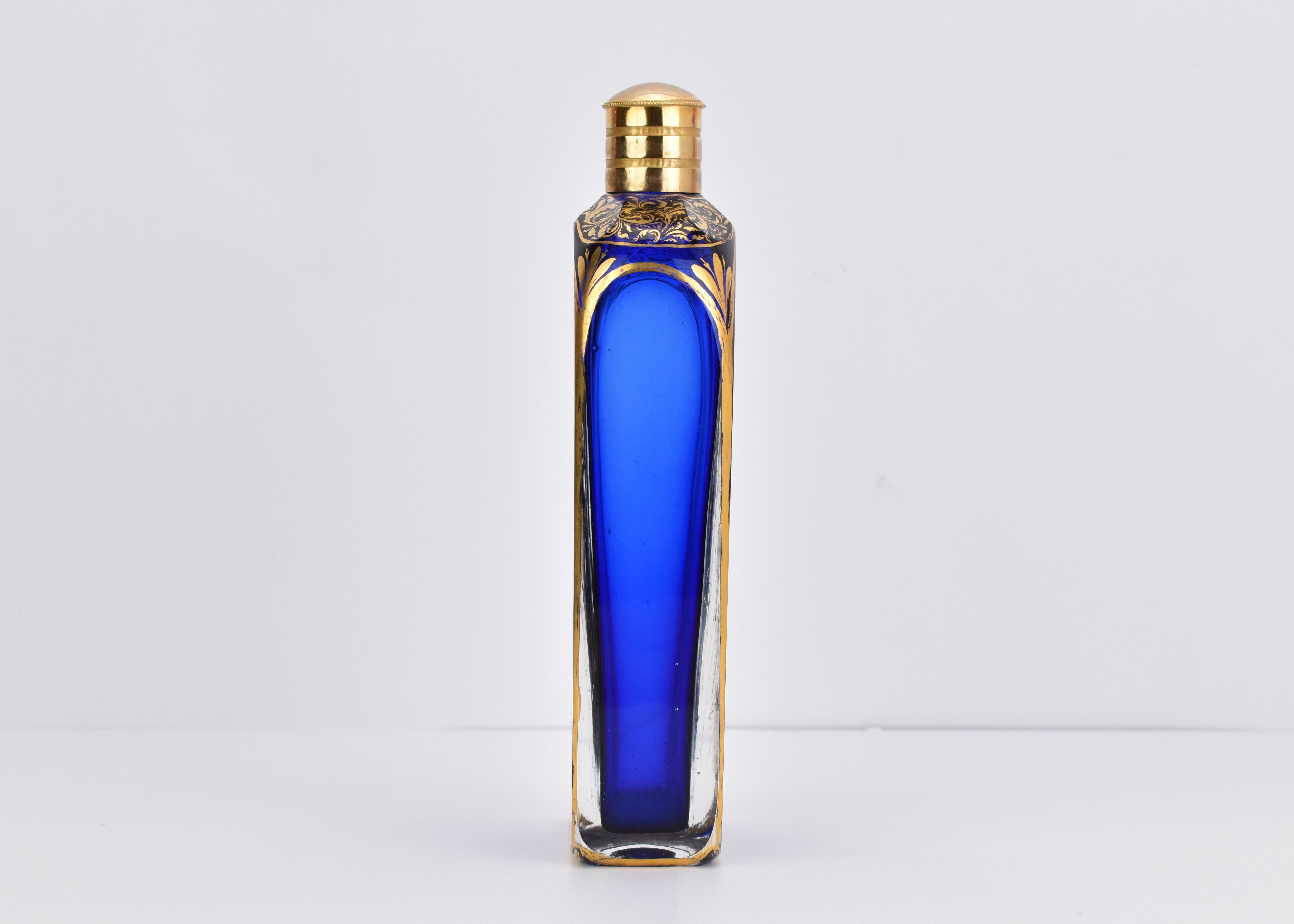 Gilt Antique French Cobalt Blue Gilded Crystal Glass Perfume Bottle, 19th Century For Sale