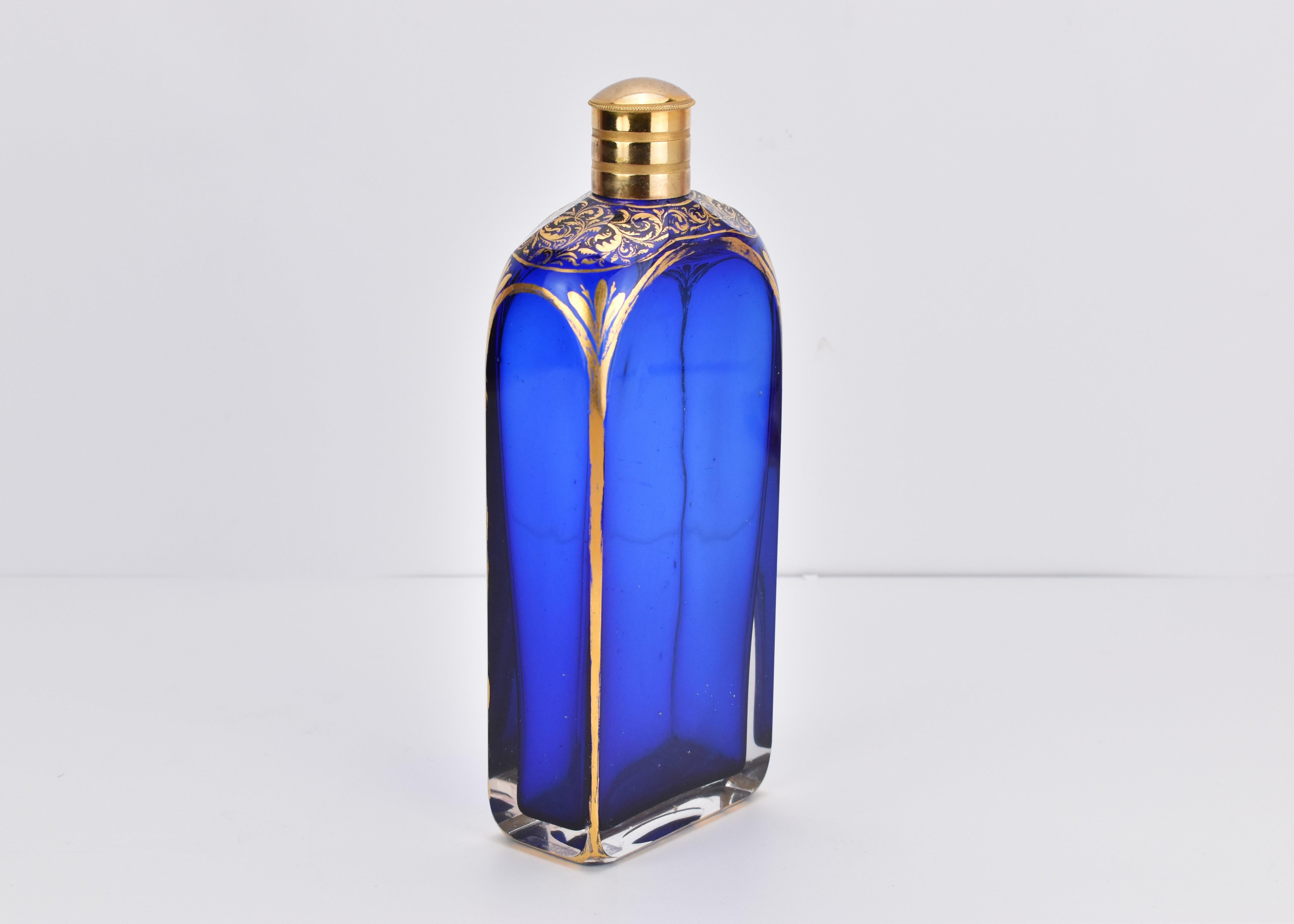 Metal Antique French Cobalt Blue Gilded Crystal Glass Perfume Bottle, 19th Century For Sale