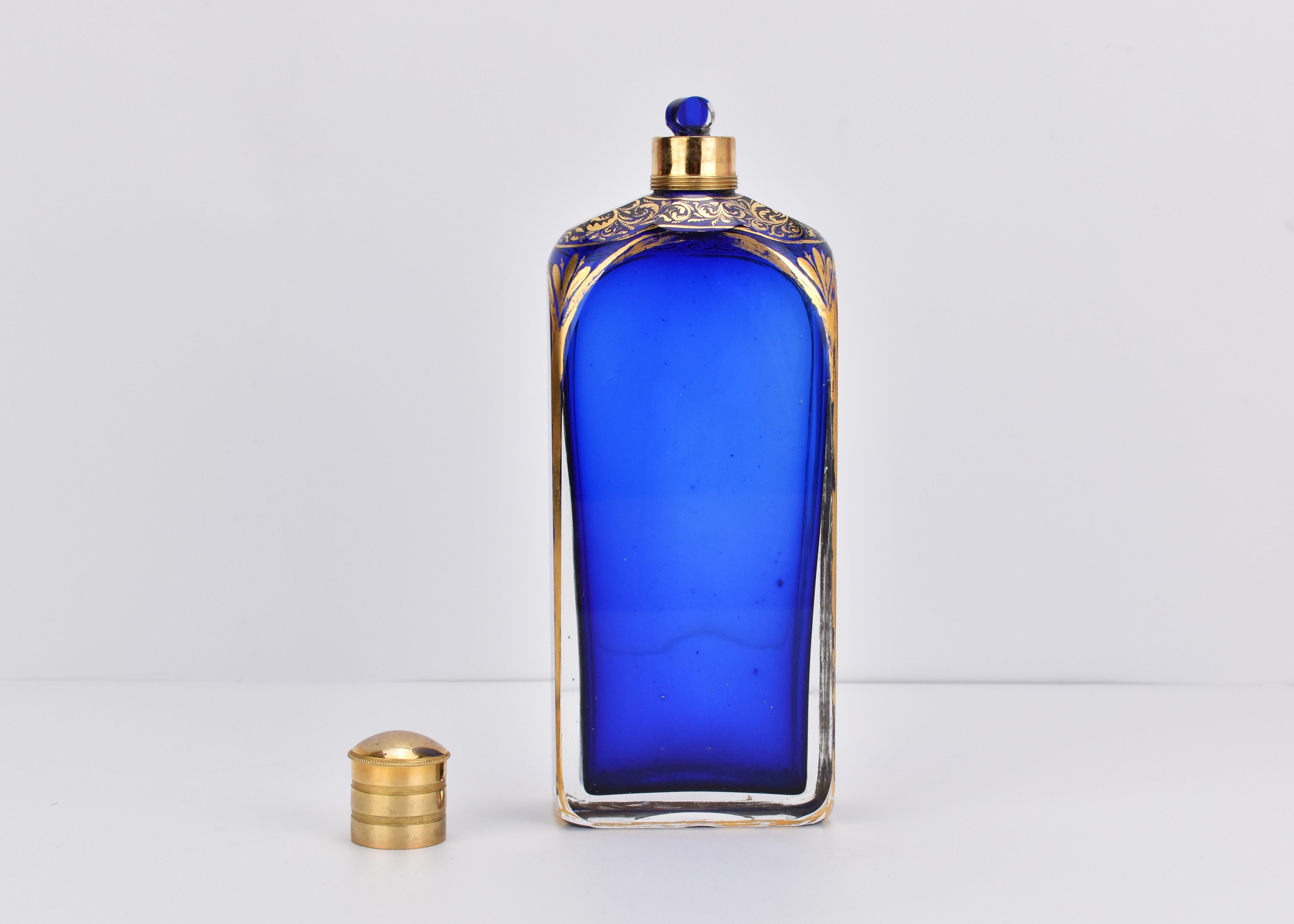 Antique French Cobalt Blue Gilded Crystal Glass Perfume Bottle, 19th Century For Sale 1