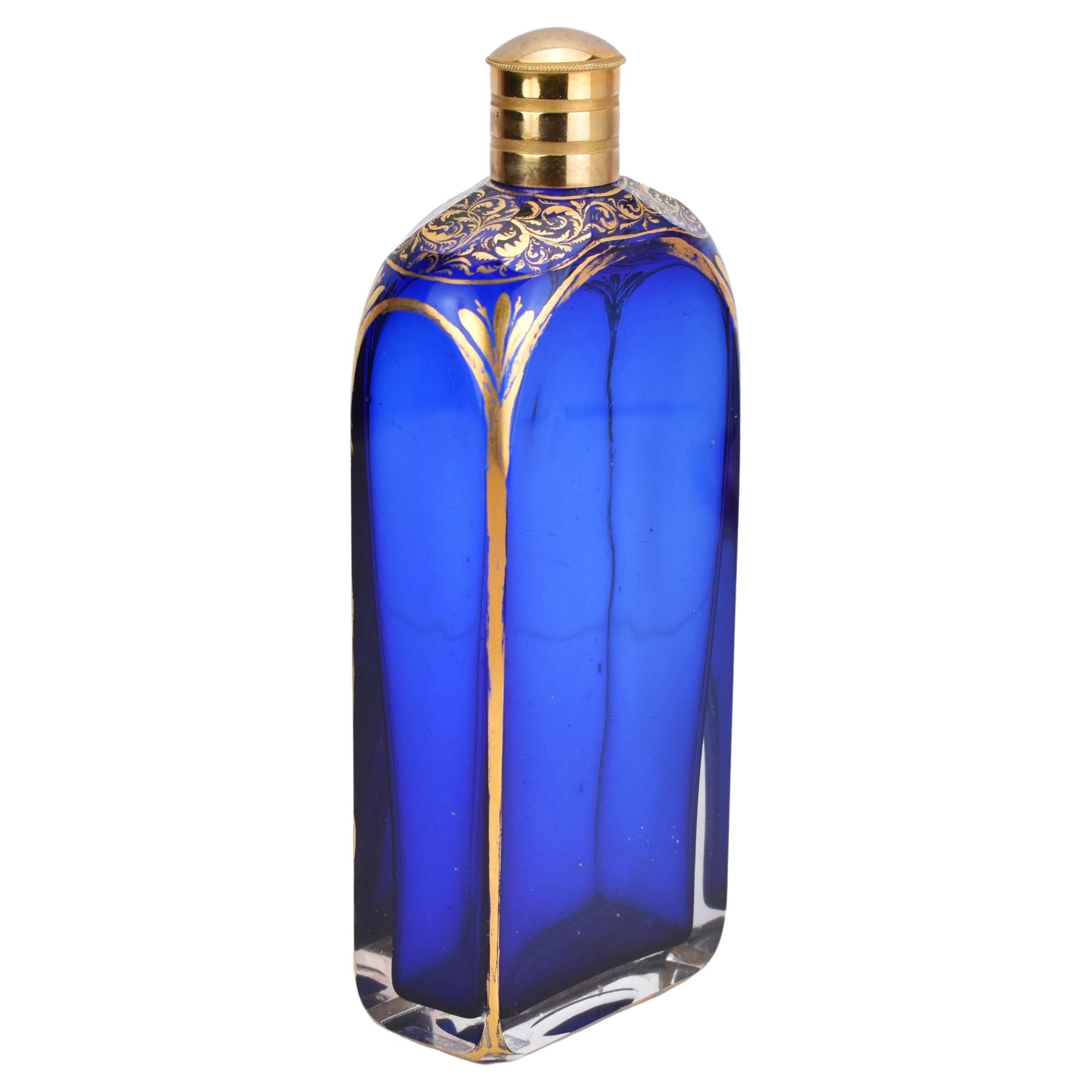 Antique French Cobalt Blue Gilded Crystal Glass Perfume Bottle, 19th Century