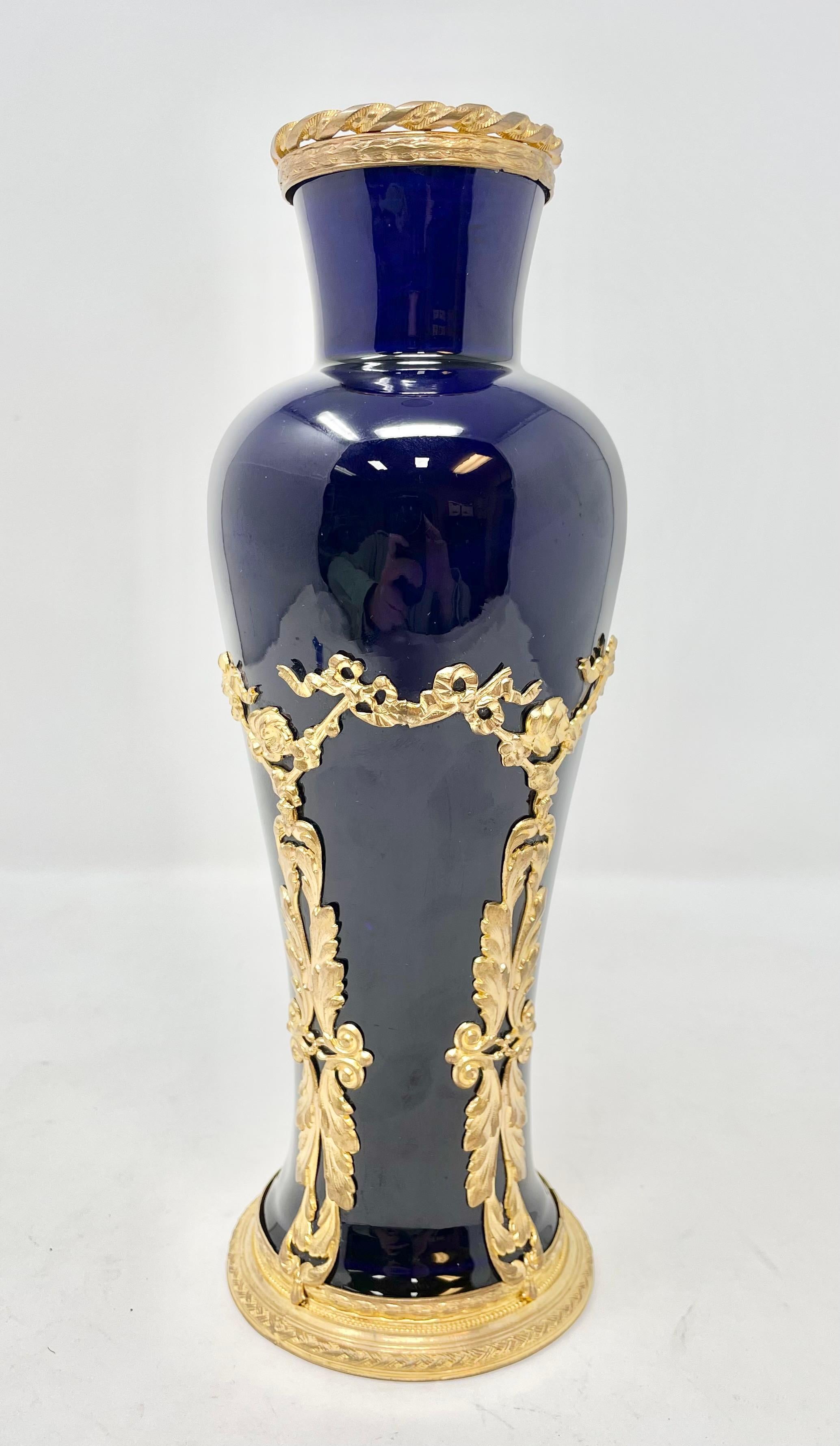 Antique French cobalt blue glazed porcelain & gold bronze mounted vase, Circa 1890-1910. Delicate Gold Bronze Detail.