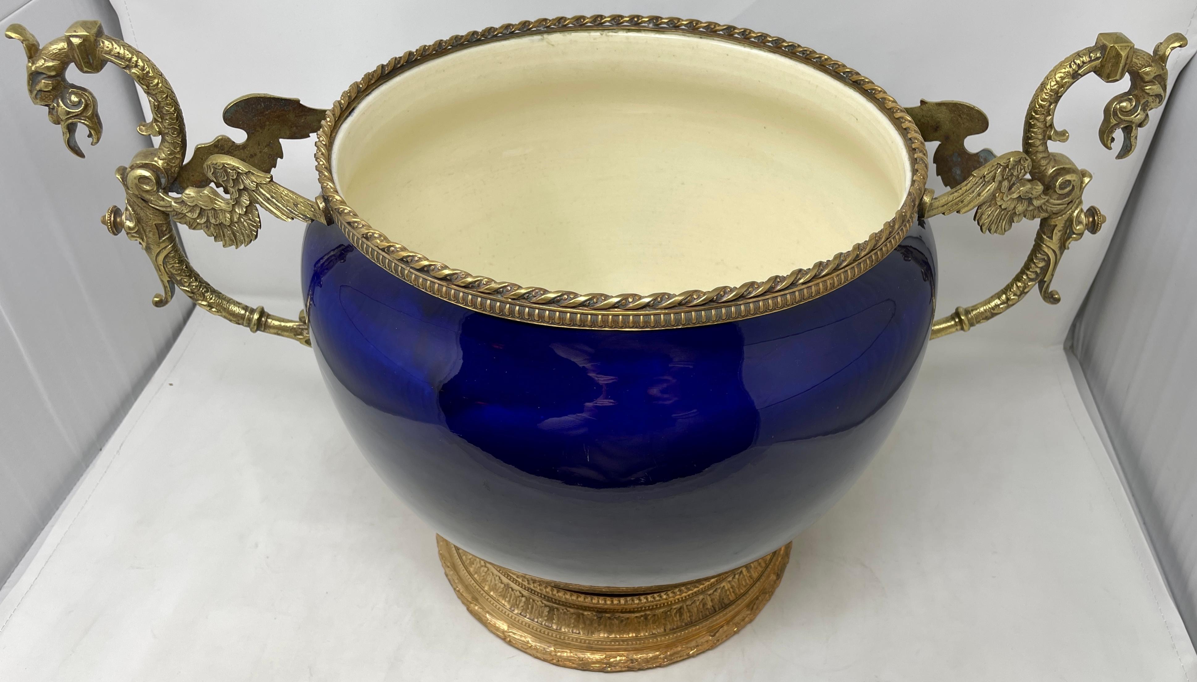 Antique French Cobalt Blue Porcelain Jardiniere with Gold Bronze Mounts, Circa 1890's.
