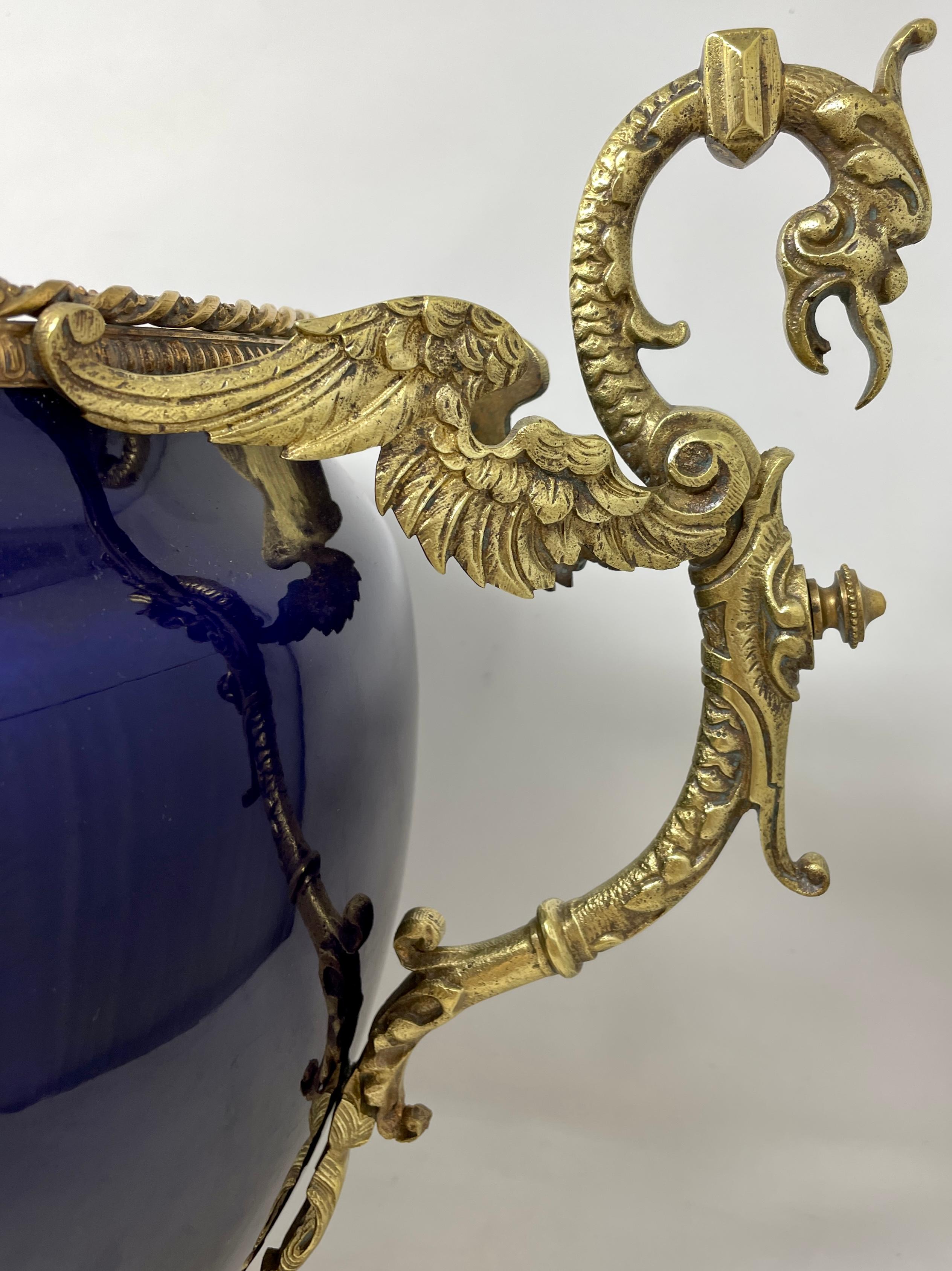 19th Century Antique French Cobalt Blue Porcelain Jardiniere with Gold Bronze Mounts, Ca 1890 For Sale