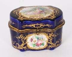 Antique French Cobalt Blue Sevres Porcelain Jewellery Casket 19th Century