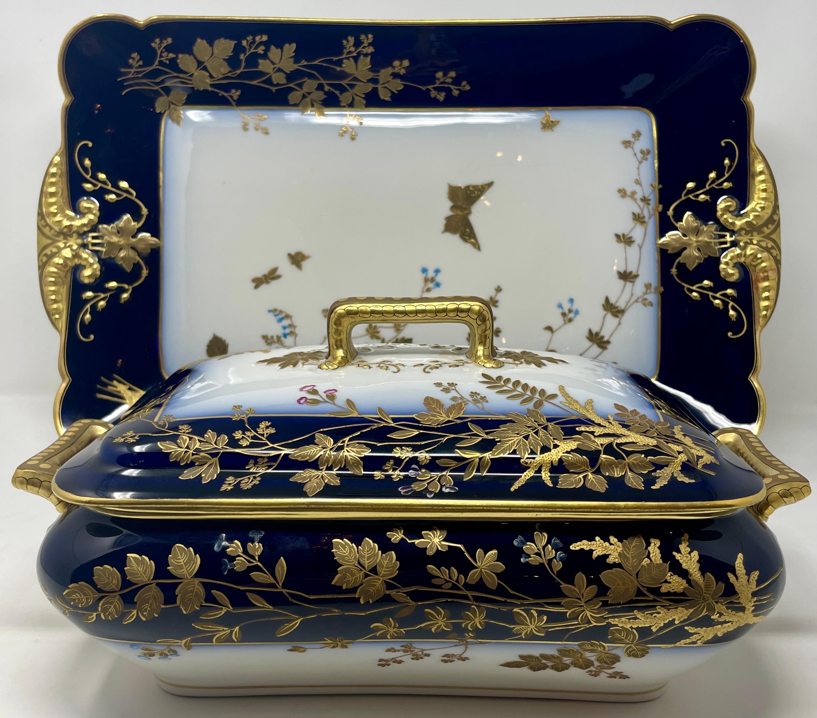 Antique Frenchcobalt blue with gold trim limoges porcelain tureen and platter.