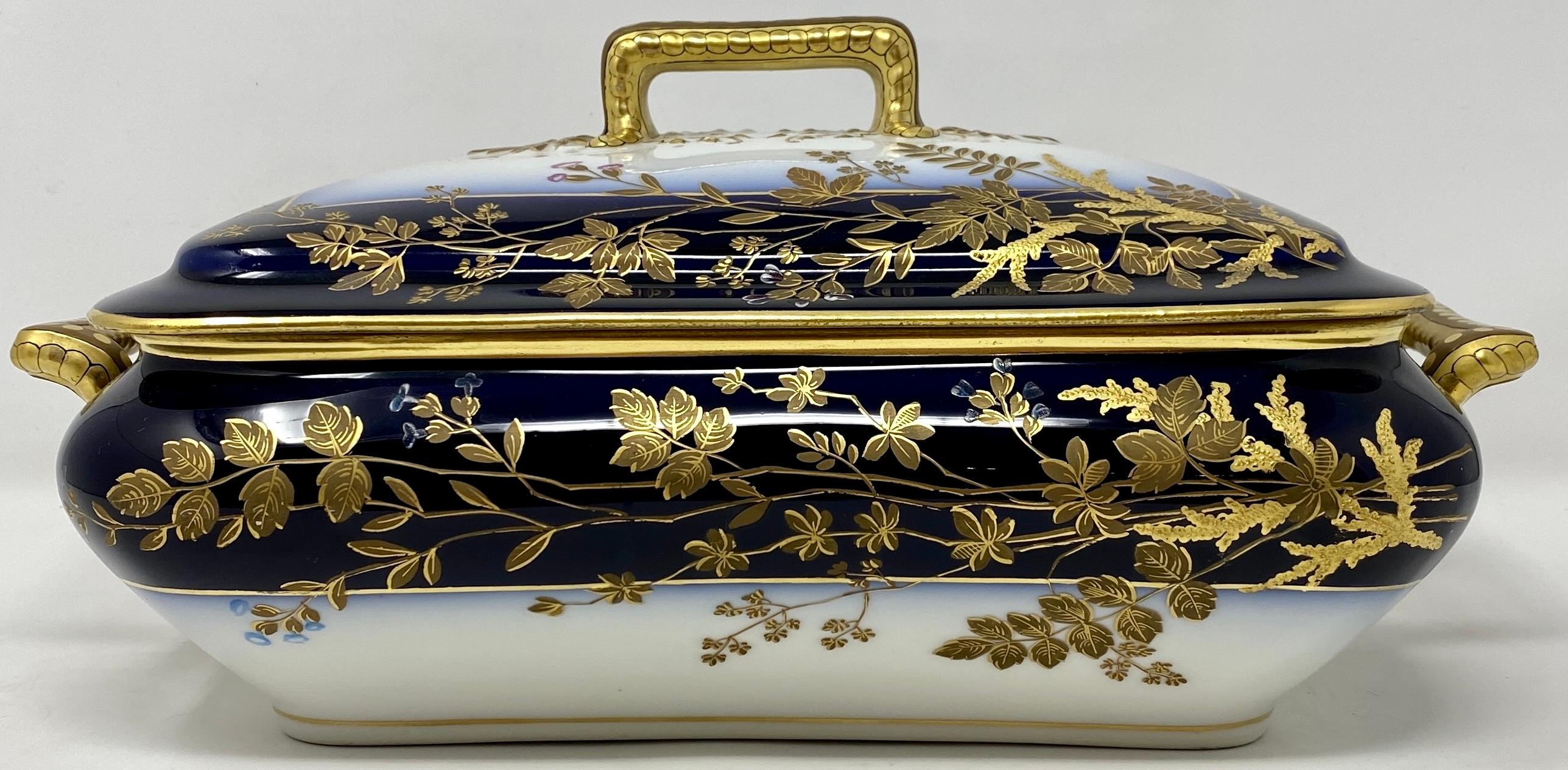 Antique French Cobalt Blue with Gold Trim Limoges Porcelain Tureen and Platter In Good Condition In New Orleans, LA
