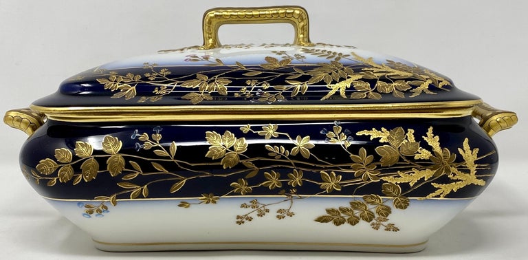 Antique French Cobalt Blue with Gold Trim Limoges Porcelain Tureen and Platter In Good Condition For Sale In New Orleans, LA