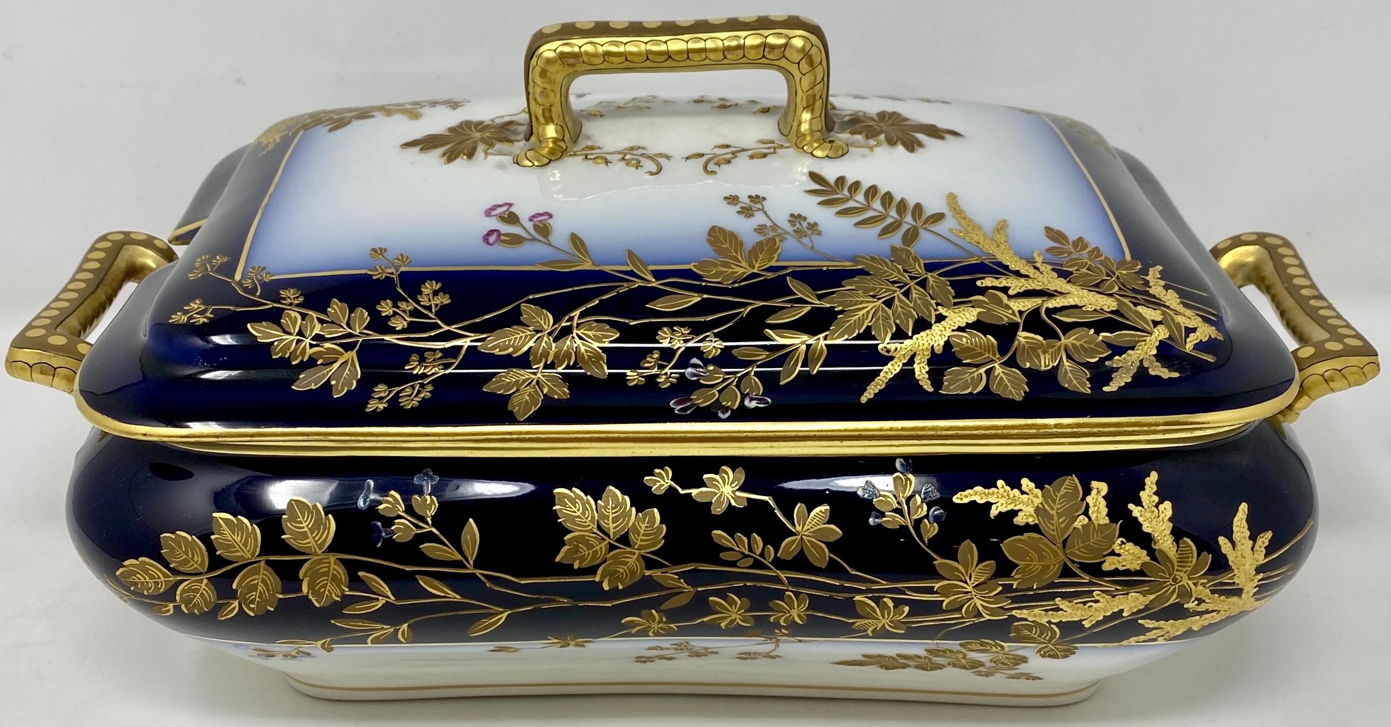 19th Century Antique French Cobalt Blue with Gold Trim Limoges Porcelain Tureen and Platter