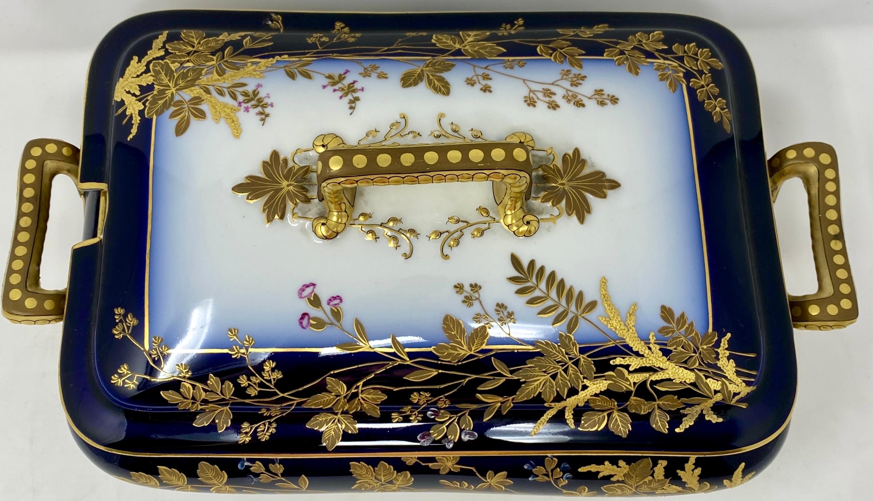 Antique French Cobalt Blue with Gold Trim Limoges Porcelain Tureen and Platter 1