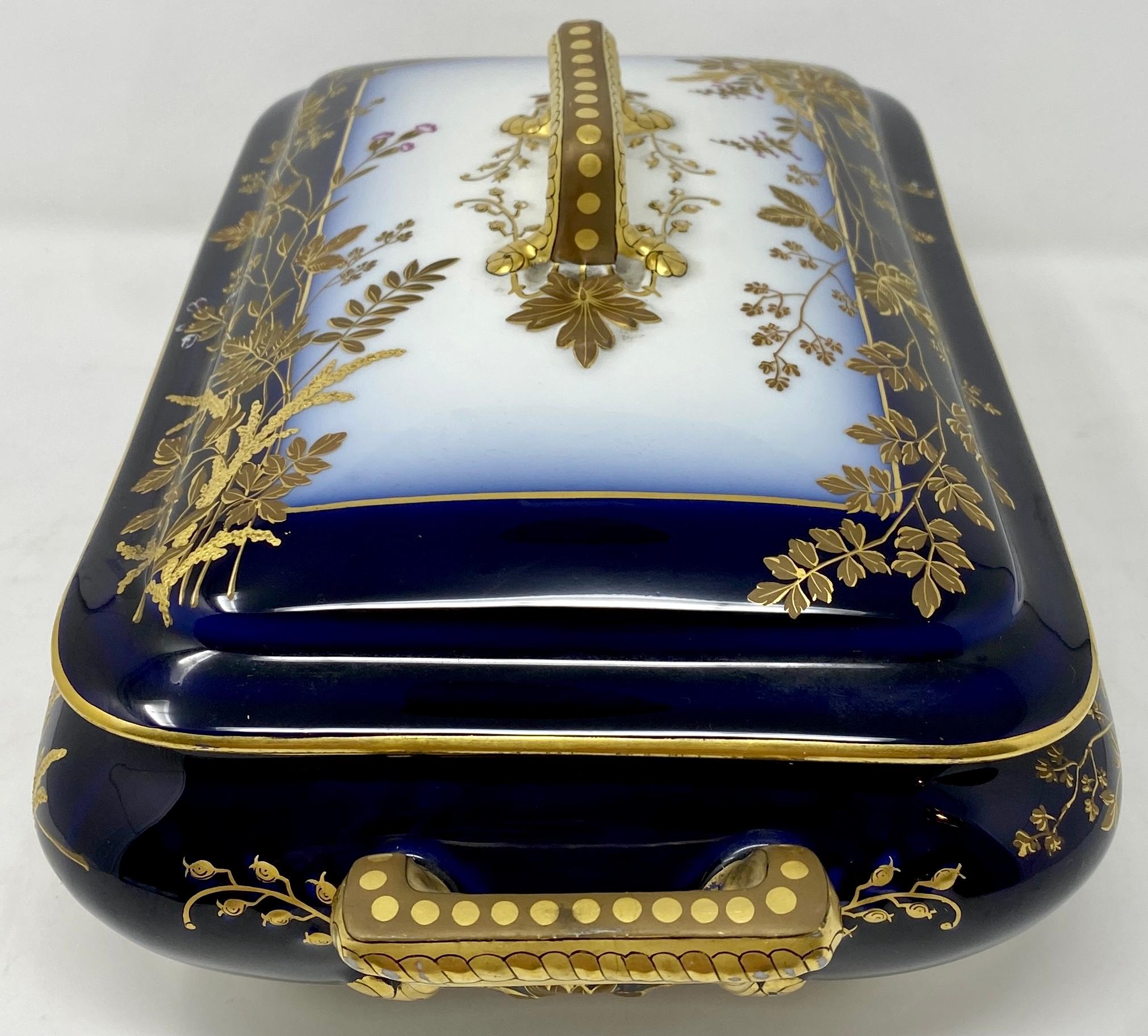 Antique French Cobalt Blue with Gold Trim Limoges Porcelain Tureen and Platter 2