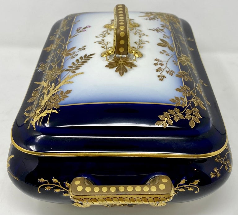 Antique French Cobalt Blue with Gold Trim Limoges Porcelain Tureen and Platter For Sale 2