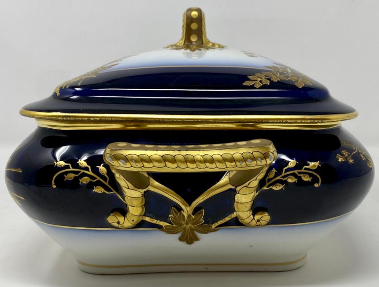 Antique French Cobalt Blue with Gold Trim Limoges Porcelain Tureen and Platter For Sale 3