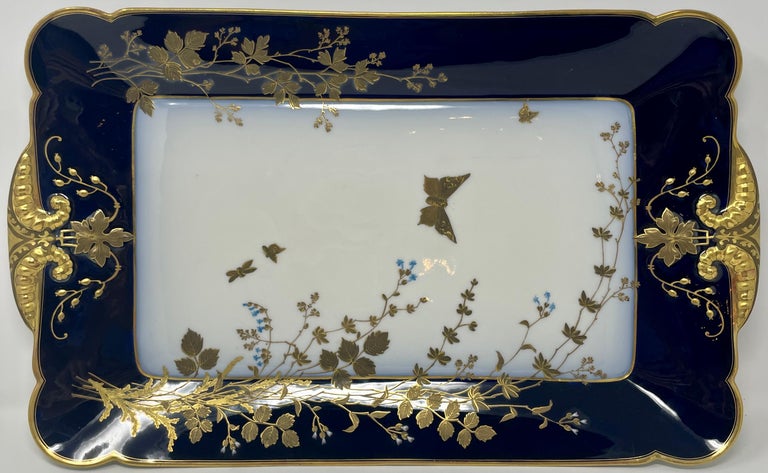 Antique French Cobalt Blue with Gold Trim Limoges Porcelain Tureen and Platter For Sale 4
