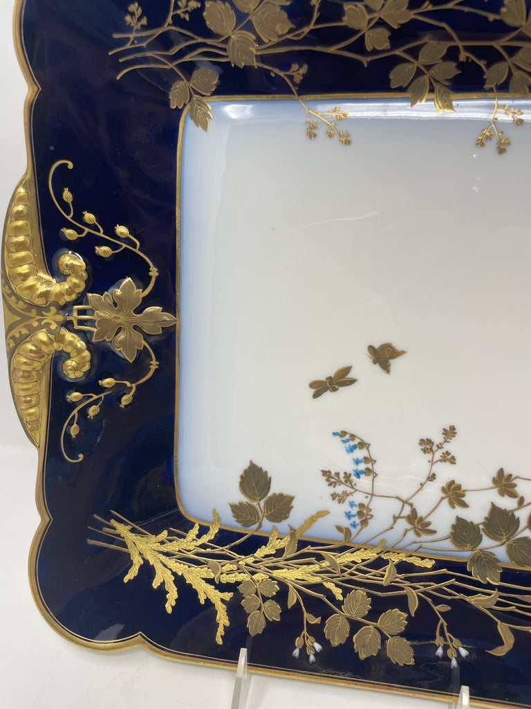 Antique French Cobalt Blue with Gold Trim Limoges Porcelain Tureen and Platter For Sale 5