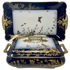 Antique French Cobalt Blue with Gold Trim Limoges Porcelain Tureen and Platter