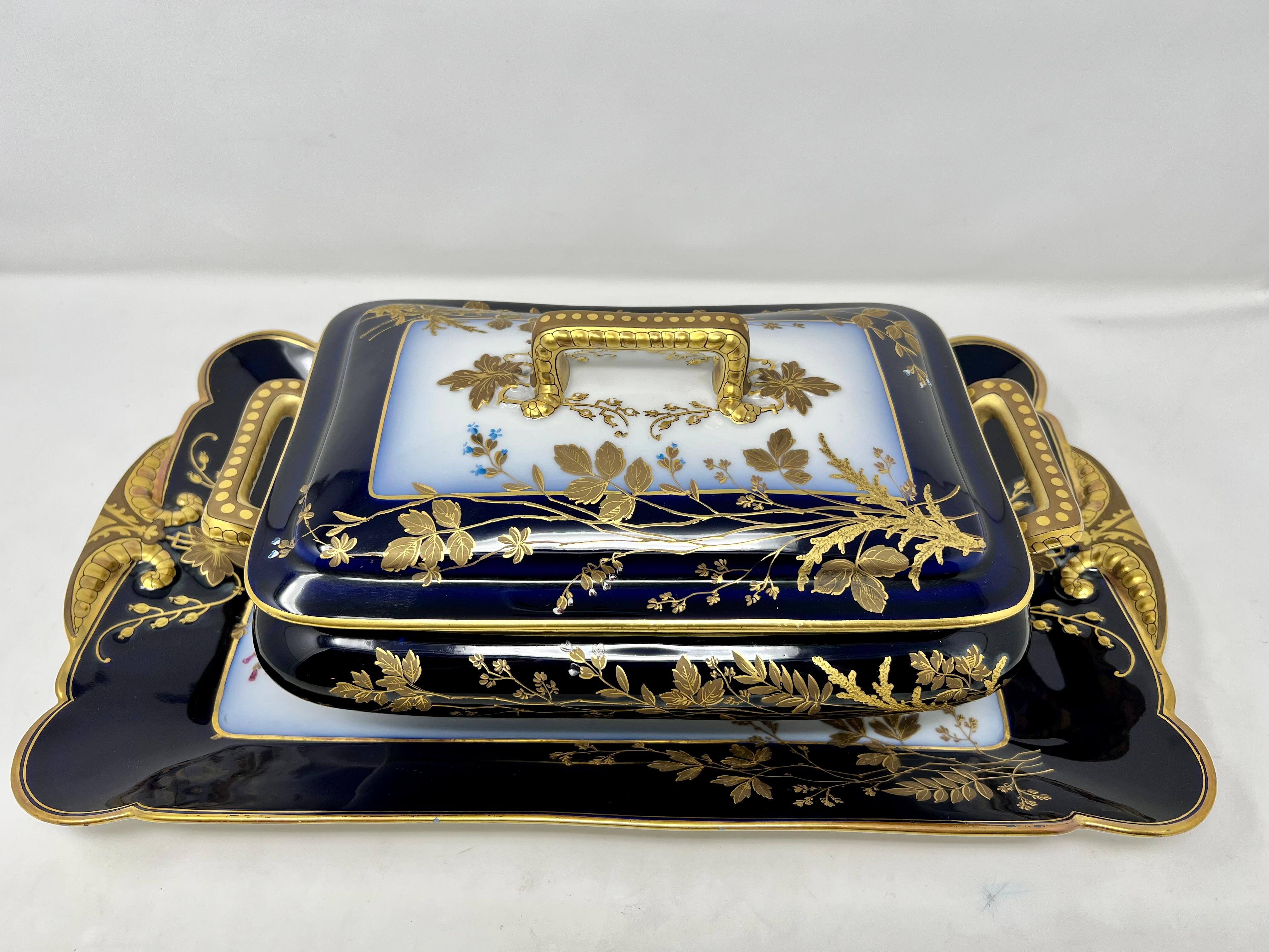 Antique French Cobalt Gold Tureen and Platter In Good Condition For Sale In New Orleans, LA