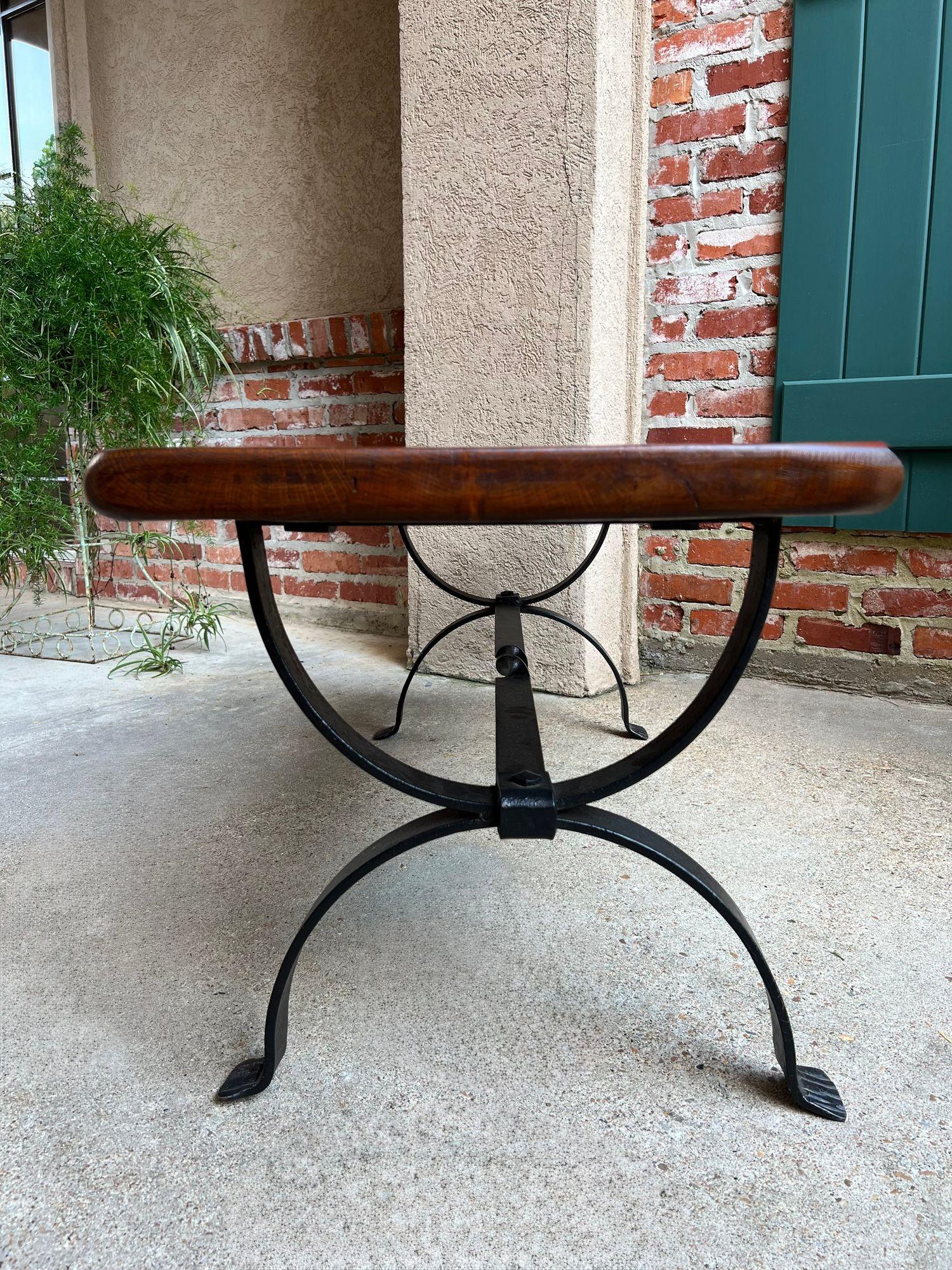 Antique French Coffee Table Bench Country Farmhouse Tiger Oak Wrought Iron c1920 For Sale 5