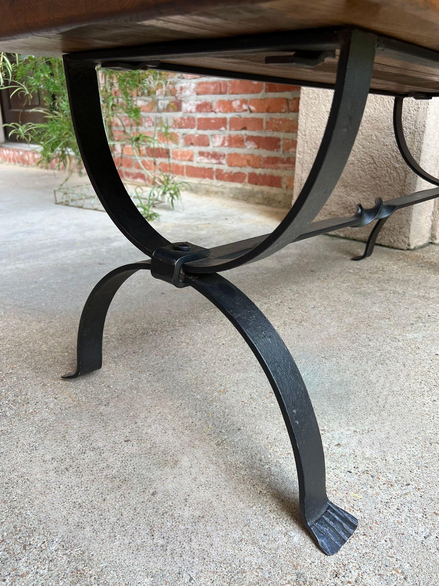 Antique French Coffee Table Bench Country Farmhouse Tiger Oak Wrought Iron c1920 For Sale 7