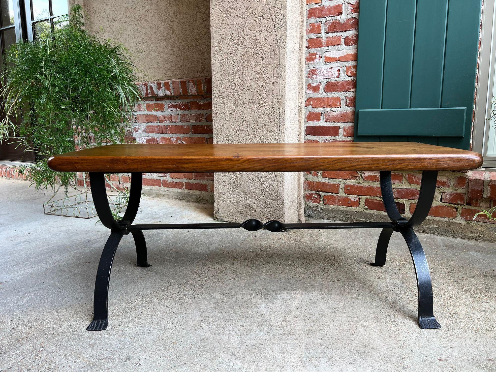 Antique French Coffee Table Bench Country Farmhouse Tiger Oak Wrought Iron c1920 For Sale 8