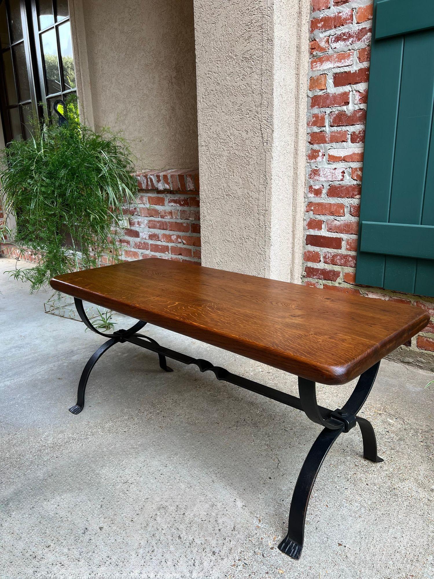 Antique French Coffee Table Bench Country Farmhouse Tiger Oak Wrought Iron c1920 For Sale 9