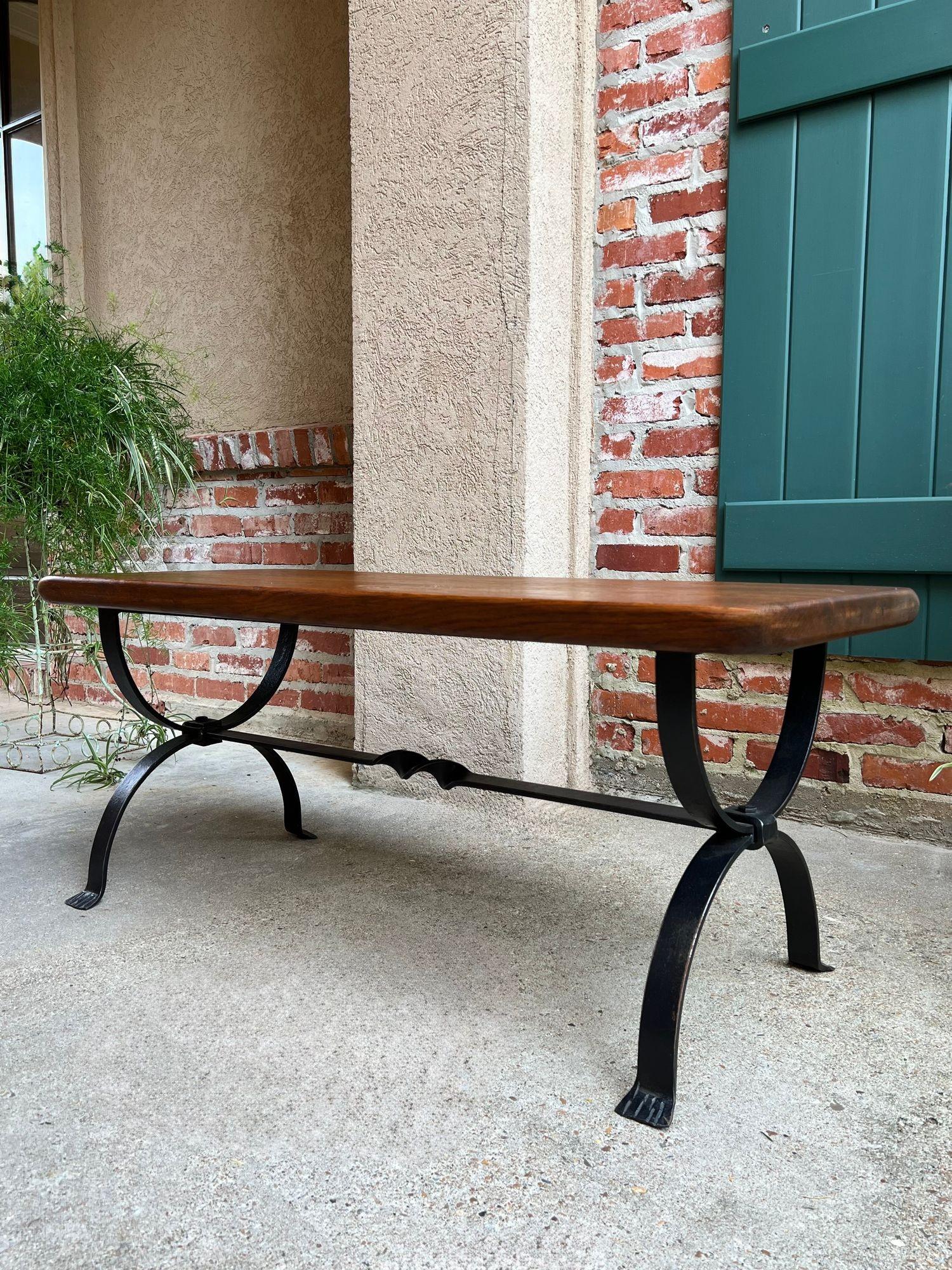 Antique French Coffee Table Bench Country Farmhouse Tiger Oak Wrought Iron c1920 For Sale 10