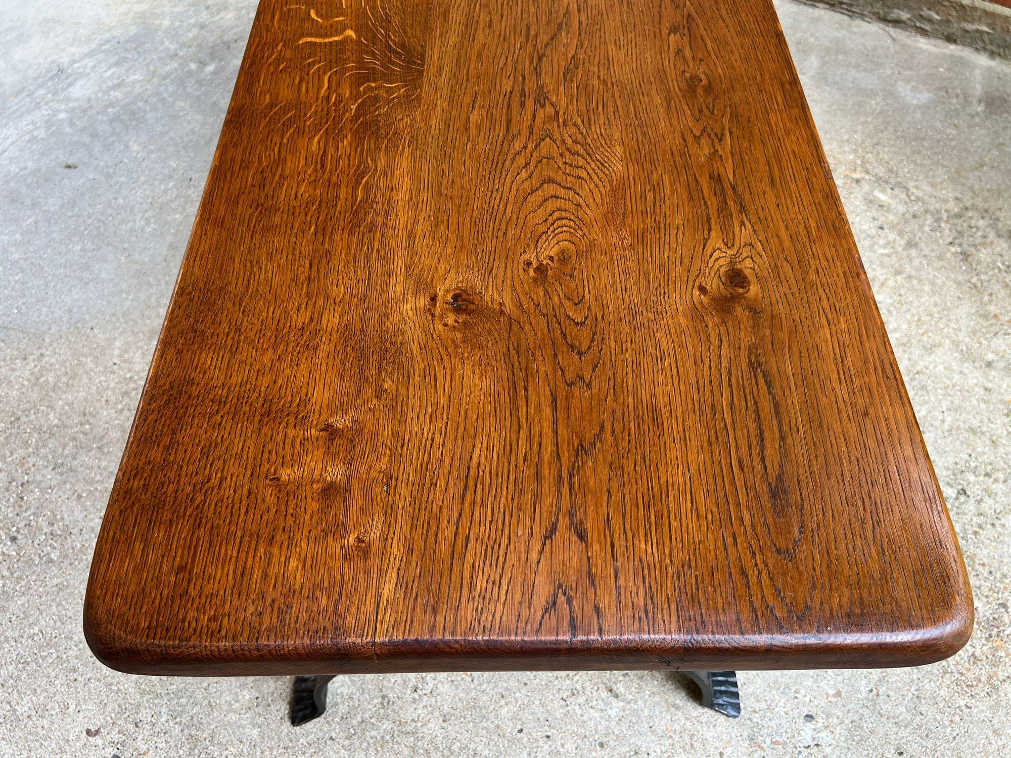 Antique French Coffee Table Bench Country Farmhouse Tiger Oak Wrought Iron c1920 For Sale 12