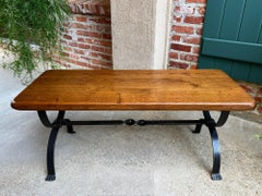 Antique French Coffee Table Bench Country Farmhouse Tiger Oak Wrought Iron c1920