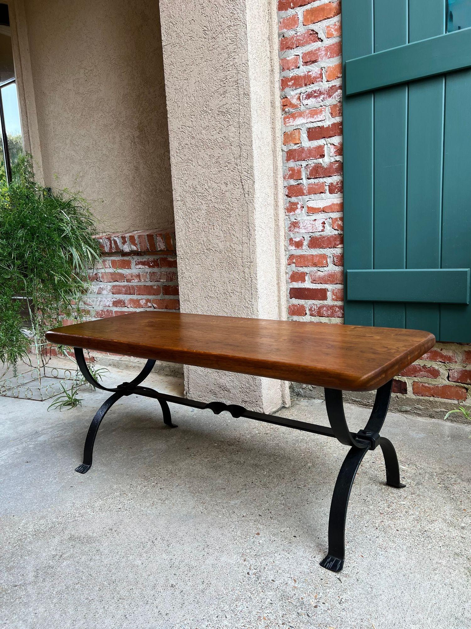 French Provincial Antique French Coffee Table Bench Country Farmhouse Tiger Oak Wrought Iron c1920 For Sale