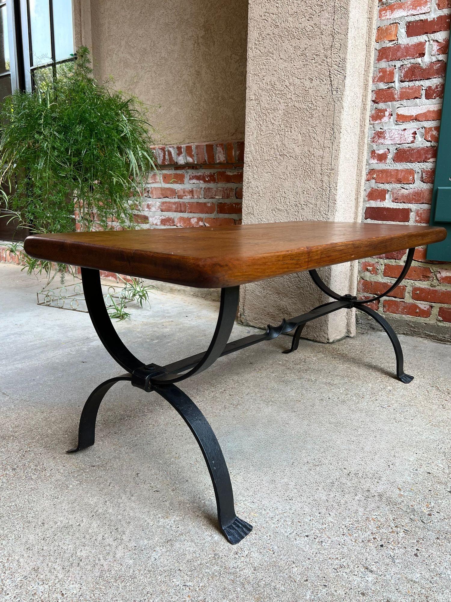 Early 20th Century Antique French Coffee Table Bench Country Farmhouse Tiger Oak Wrought Iron c1920 For Sale