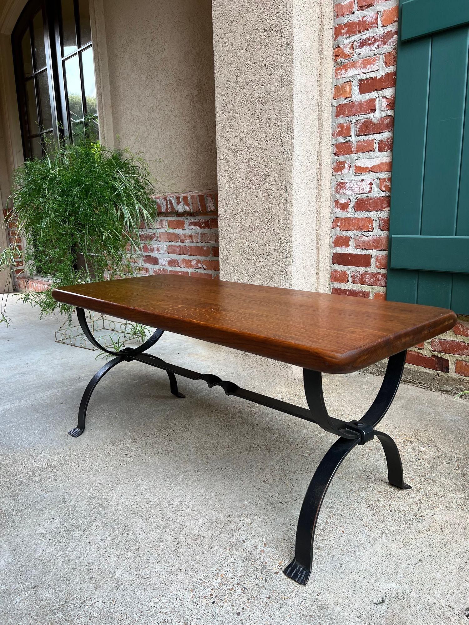 Antique French Coffee Table Bench Country Farmhouse Tiger Oak Wrought Iron c1920 For Sale 1