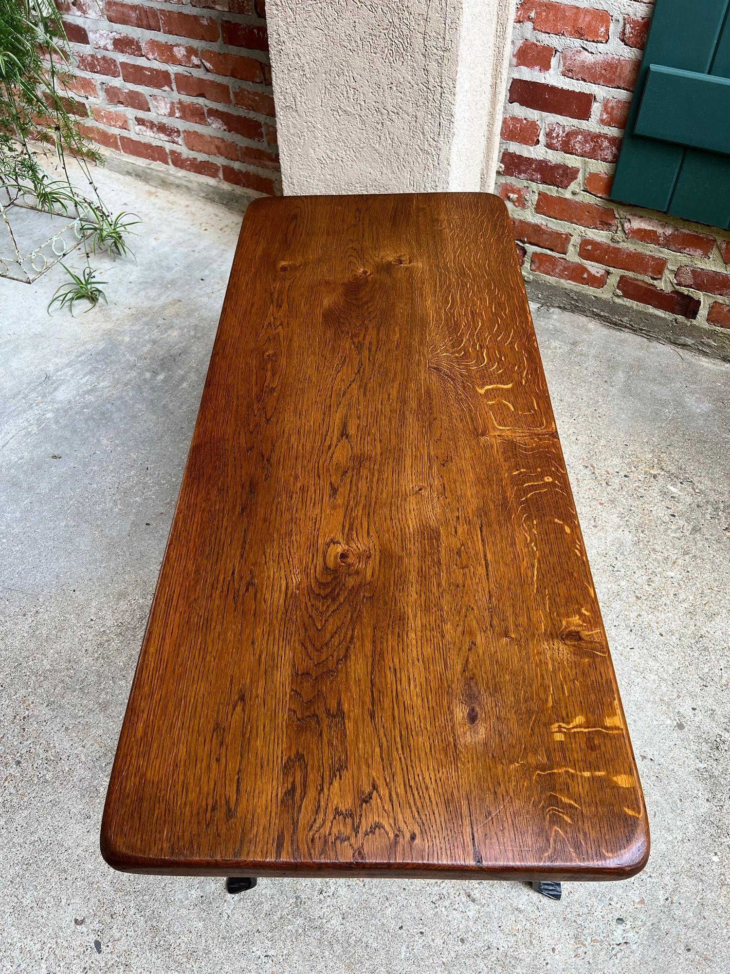 Antique French Coffee Table Bench Country Farmhouse Tiger Oak Wrought Iron c1920 For Sale 3