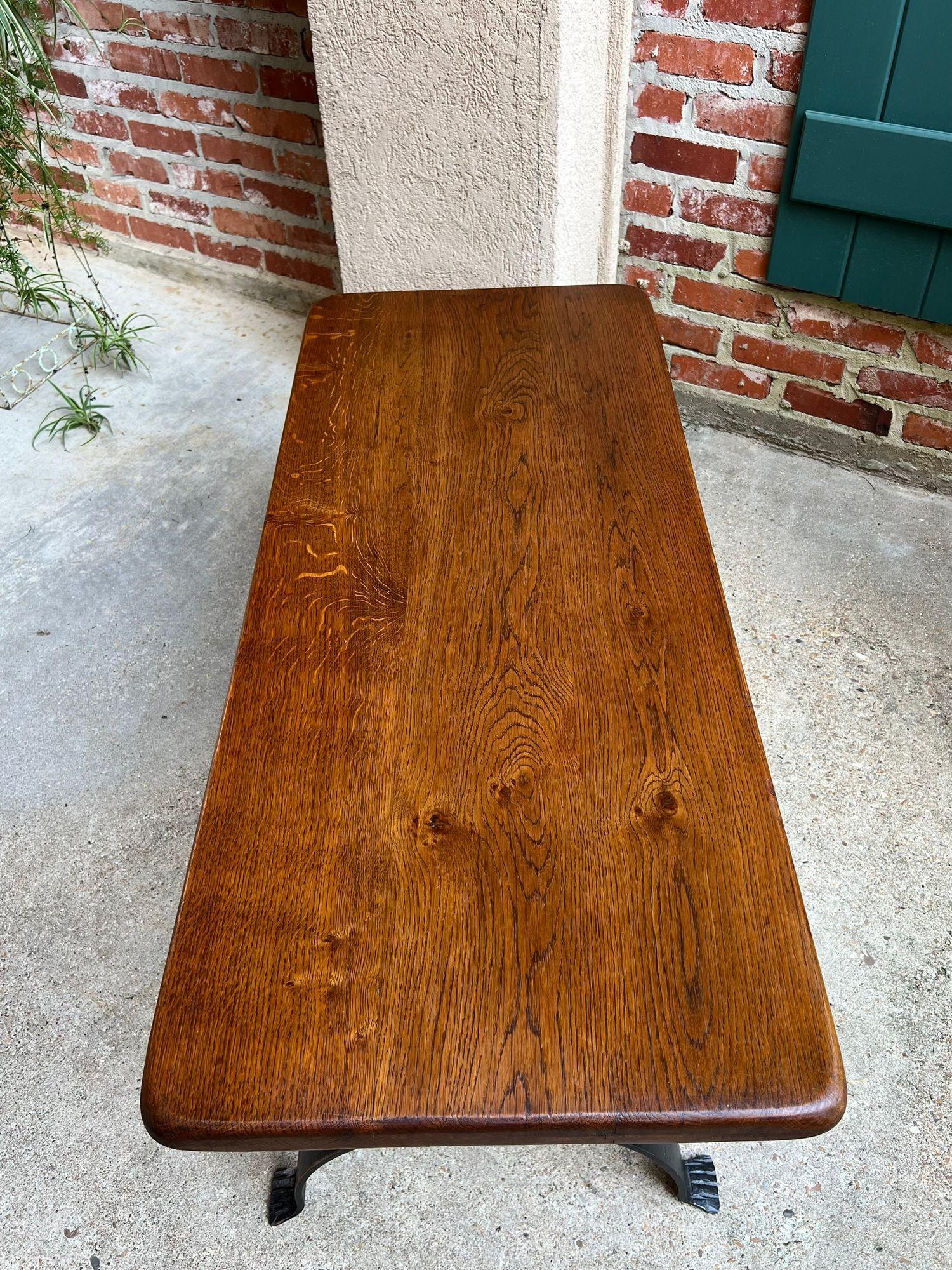 Antique French Coffee Table Bench Country Farmhouse Tiger Oak Wrought Iron c1920 For Sale 4
