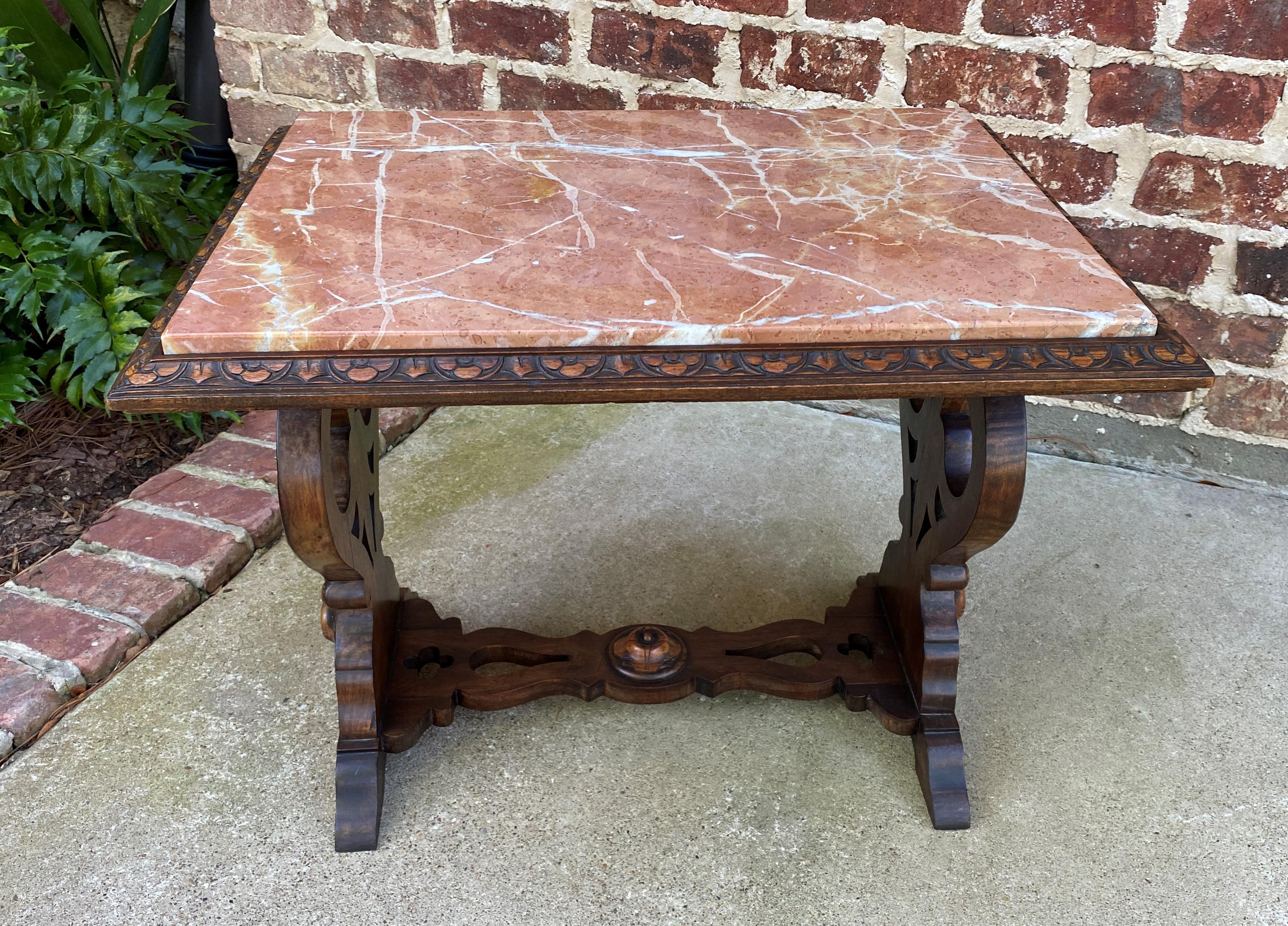 Antique French Coffee Table Bench Settee Marble Top Oak Renaissance Revival 7