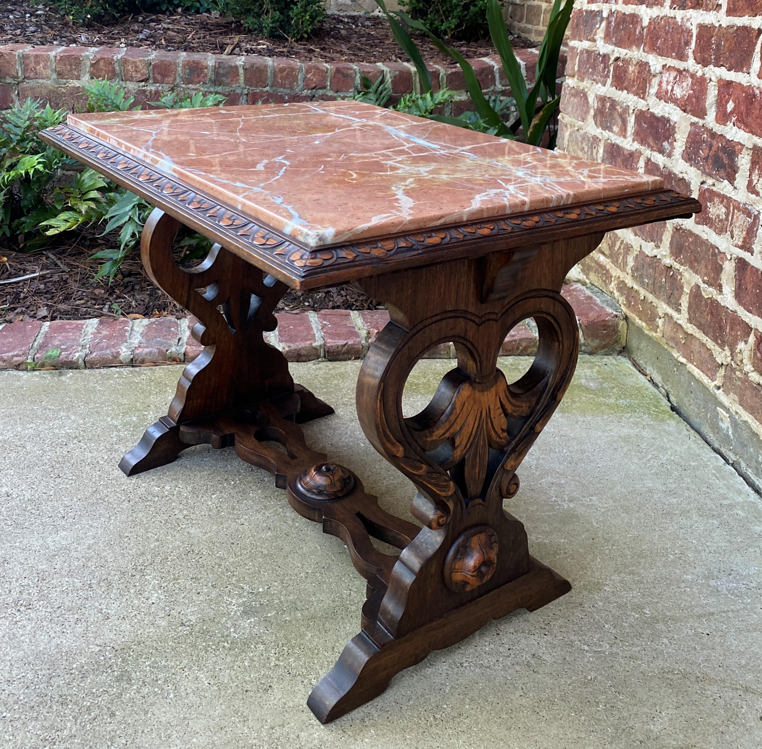 Early 20th Century Antique French Coffee Table Bench Settee Marble Top Oak Renaissance Revival