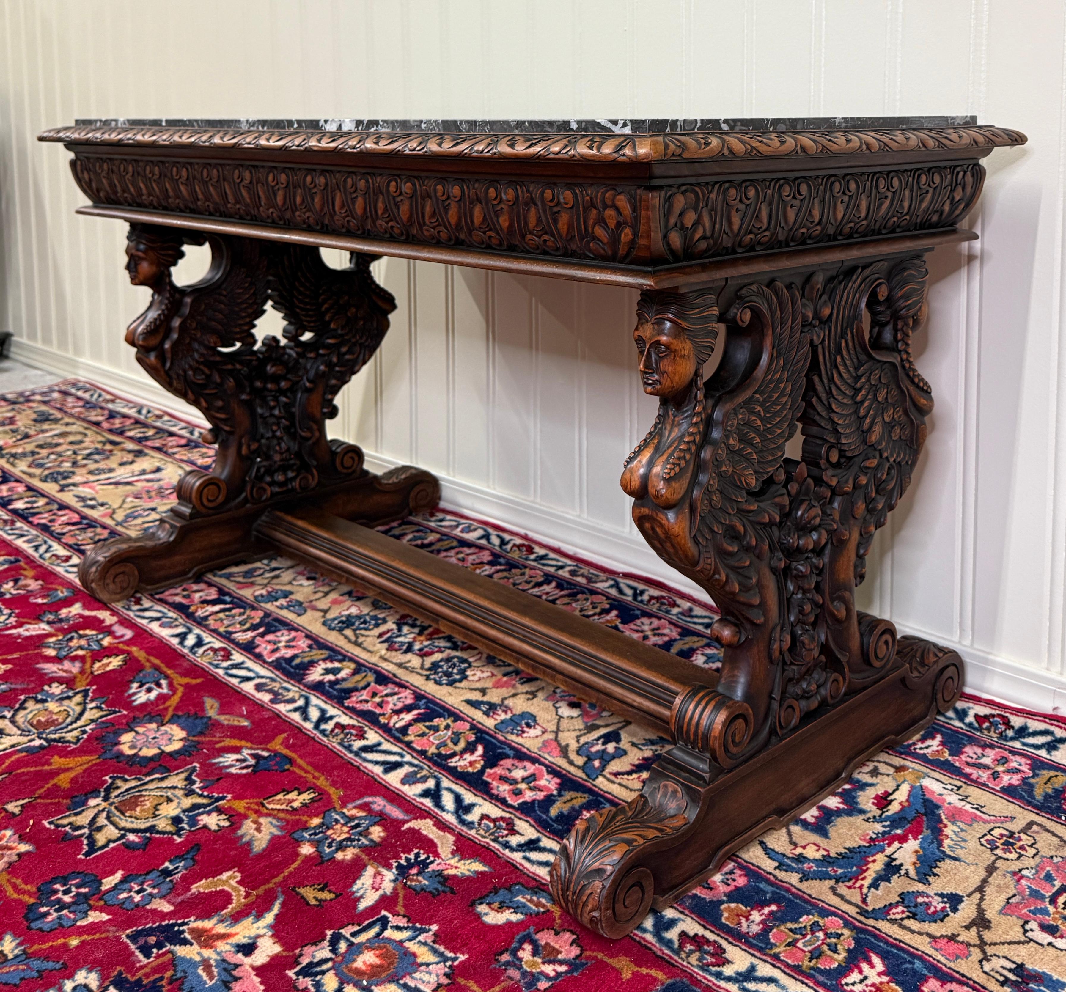 Antique French Coffee Table Bench Window Seat Marble Top Oak Renaissance Revival For Sale 6